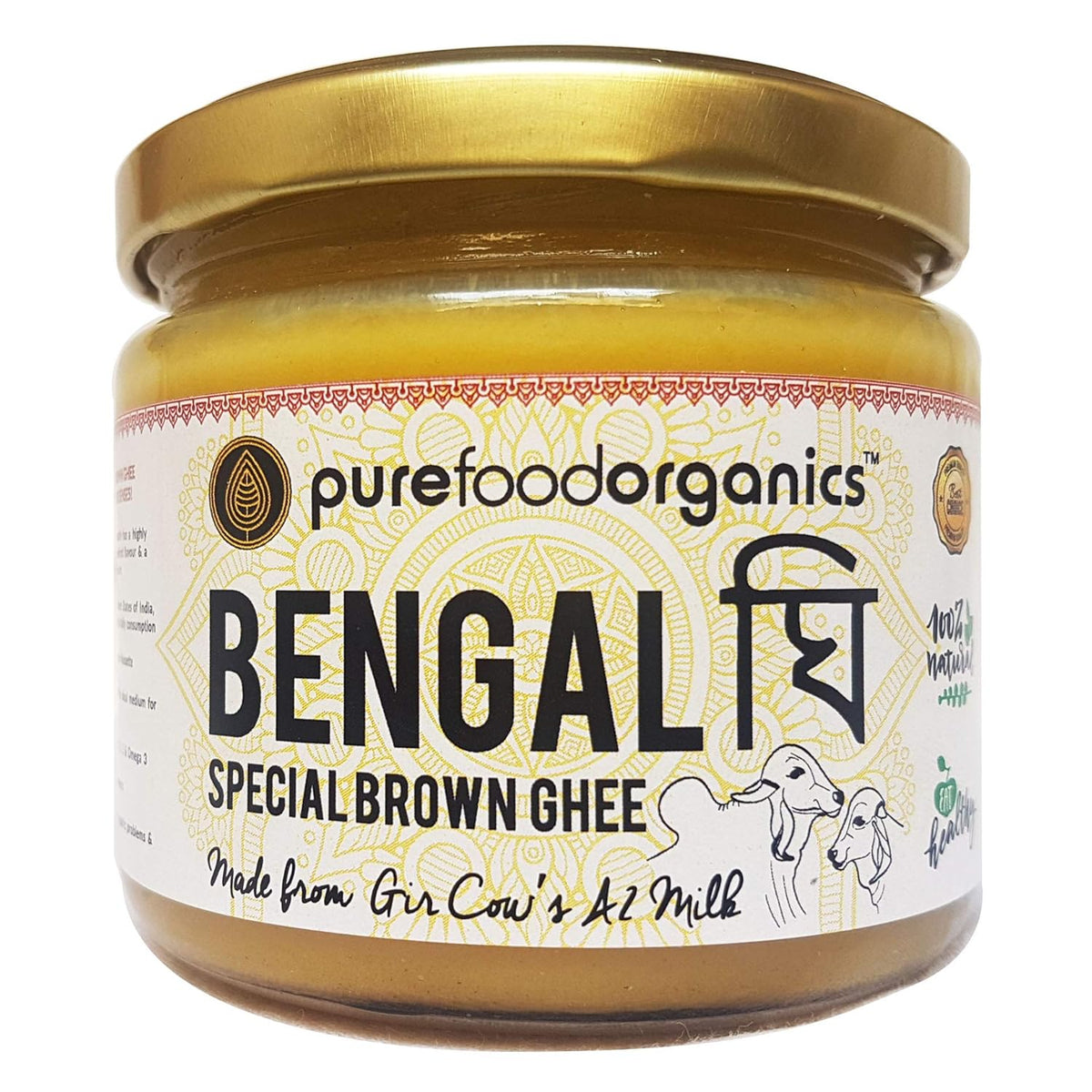 Natural Gir Cow'S A2 Bengal Special Brown Ghee By Purefoodorganics | Traditional Hand-Churned, Vedic Bilona Healthy Desi Cow Ghee | (250ml) 8.4 Ounce | Jar Pack