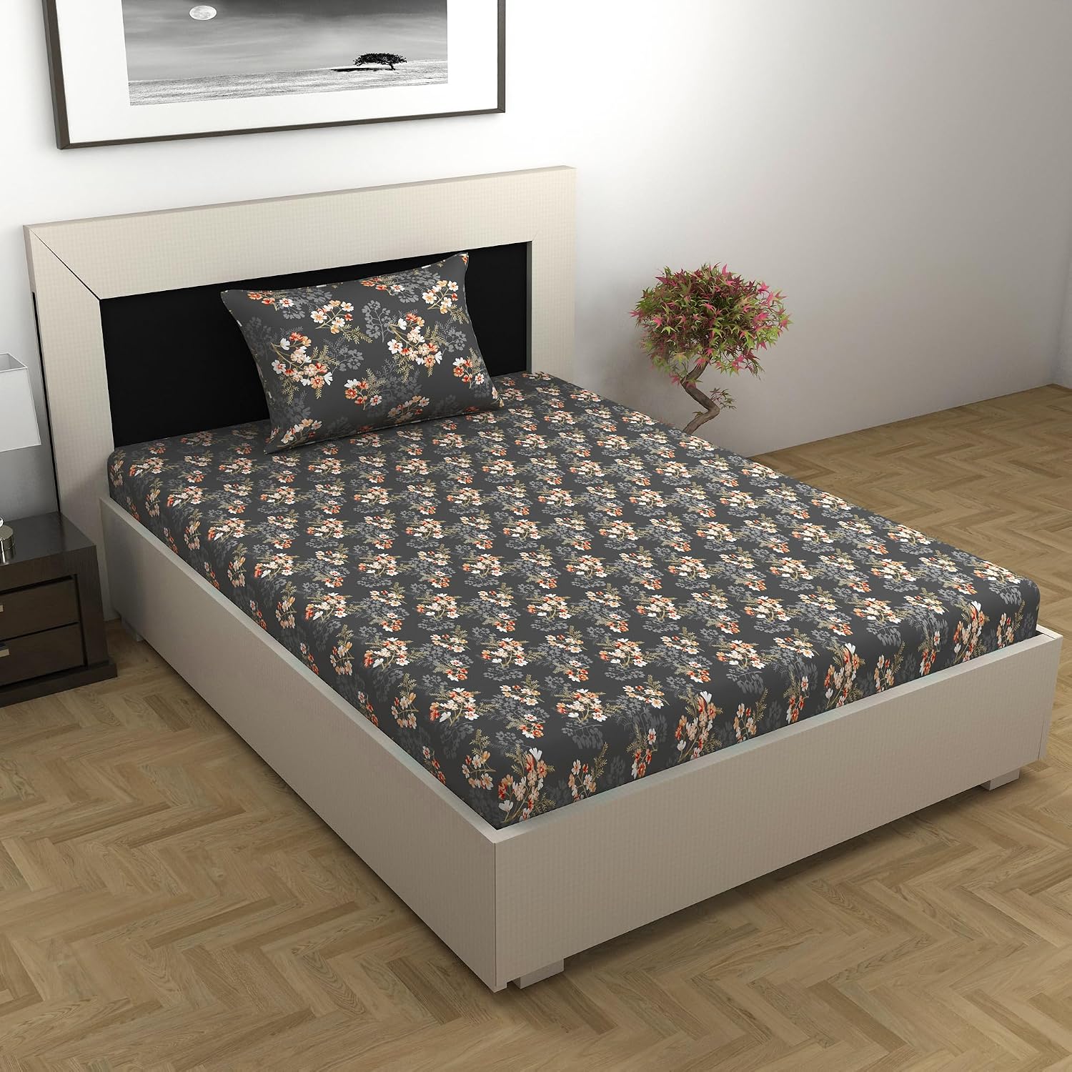 Single Bedsheet With 1 Pillow Cover - 57 X 87 Inches, Dark Grey | Designer Printed Bedsheet Set - Naturally Soft, Breathable & Skin Friendly