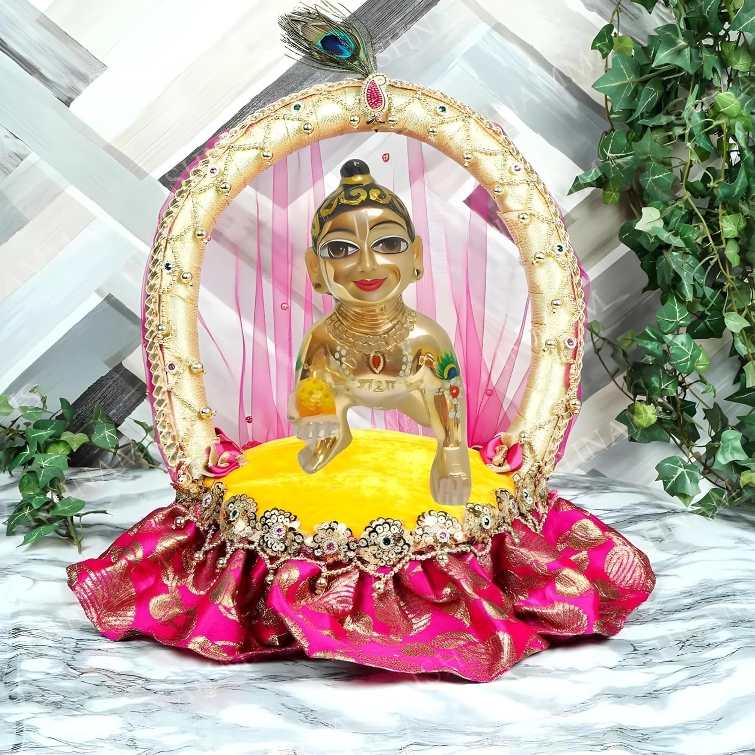 Beautiful Brass Hand Painted Laddu Gopal Ji, Metal, Idol - Size No.7, Made In Vrindavan, Baby Krishna, Kanhaiya, Gold Color, Lord Krishna Idol