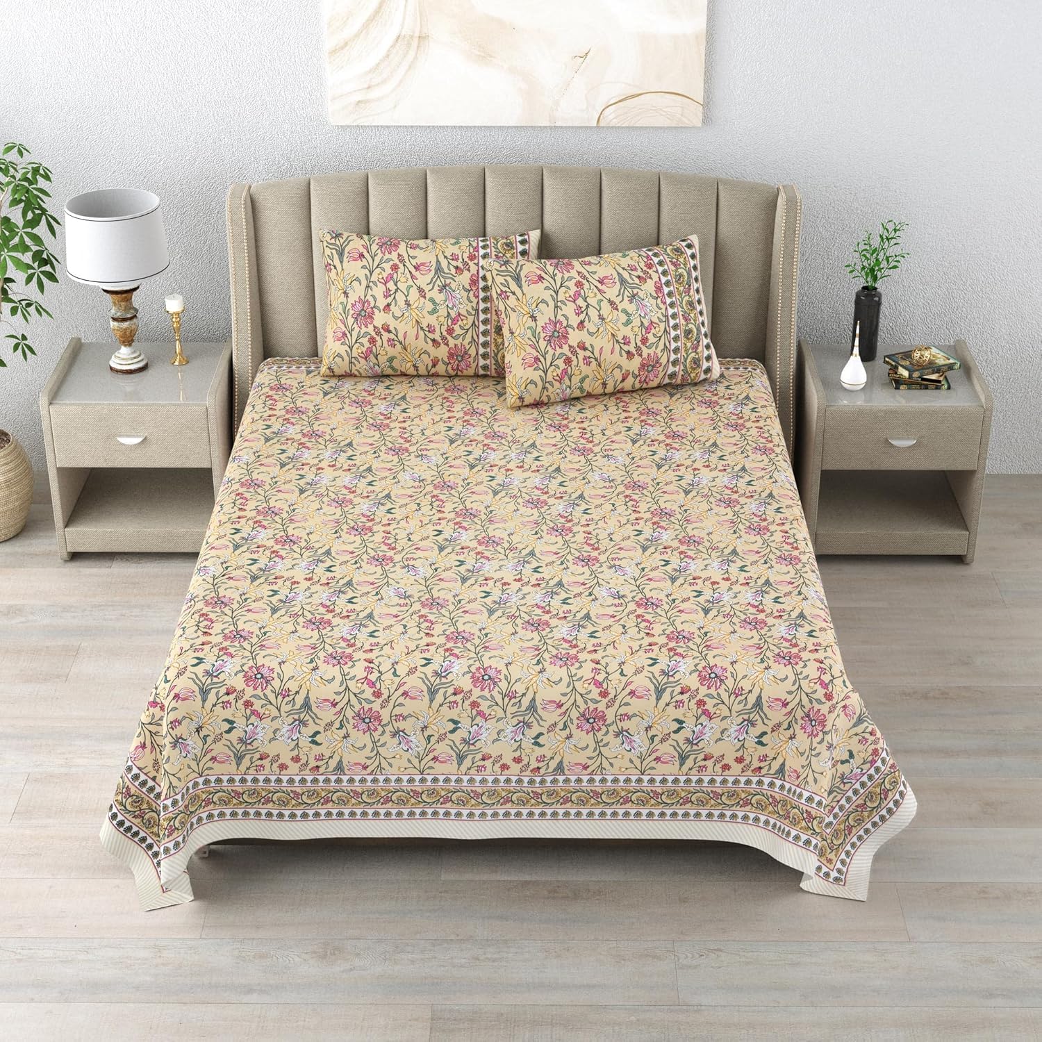 Jaipuri Cotton Bedsheet For King Size With 2 Pillow Covers | 90 X 108 Inches, Yellow | Ultra-Soft & Skin-Safe | Breathable Summer Comfort