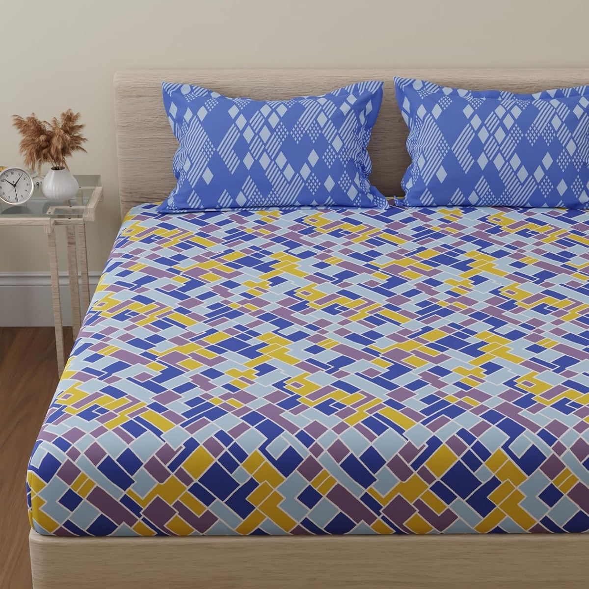 Cotton 144 TC Bedsheets For Double Bed With 2 Pillow Covers | Long Lasting & Soft To Touch - Soft & Comfortable | Queen Size - 88 X 96 Inches, Blue & Yellow