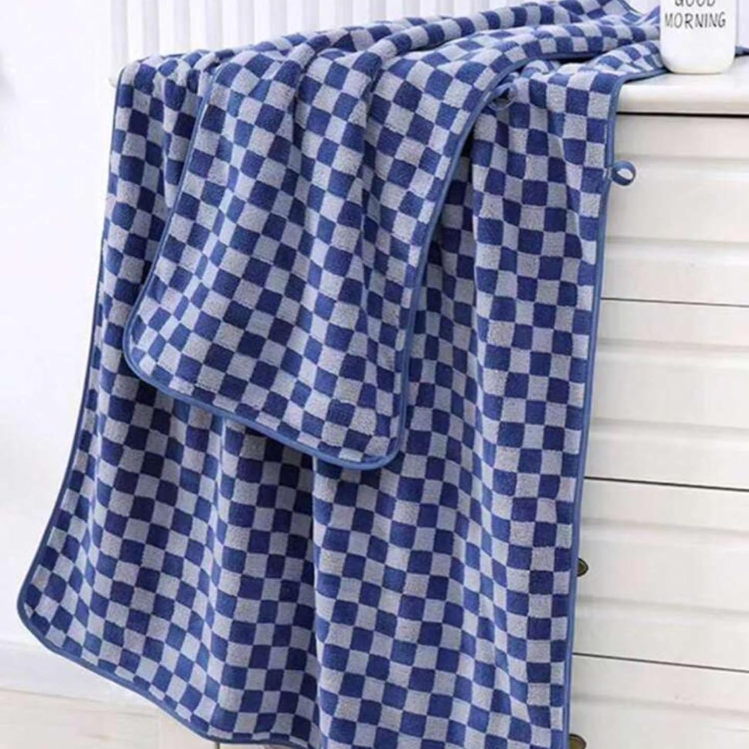 Maxoshine Microfiber Bath-Checkered Towels 390 Gsm | Bath Towel For Men & Women-Soft Coral Fleece Towel With Hook Quick Dry Super Absorbent (1 Bath Towel + 1 Hand Towel Combo) -Dark Blue