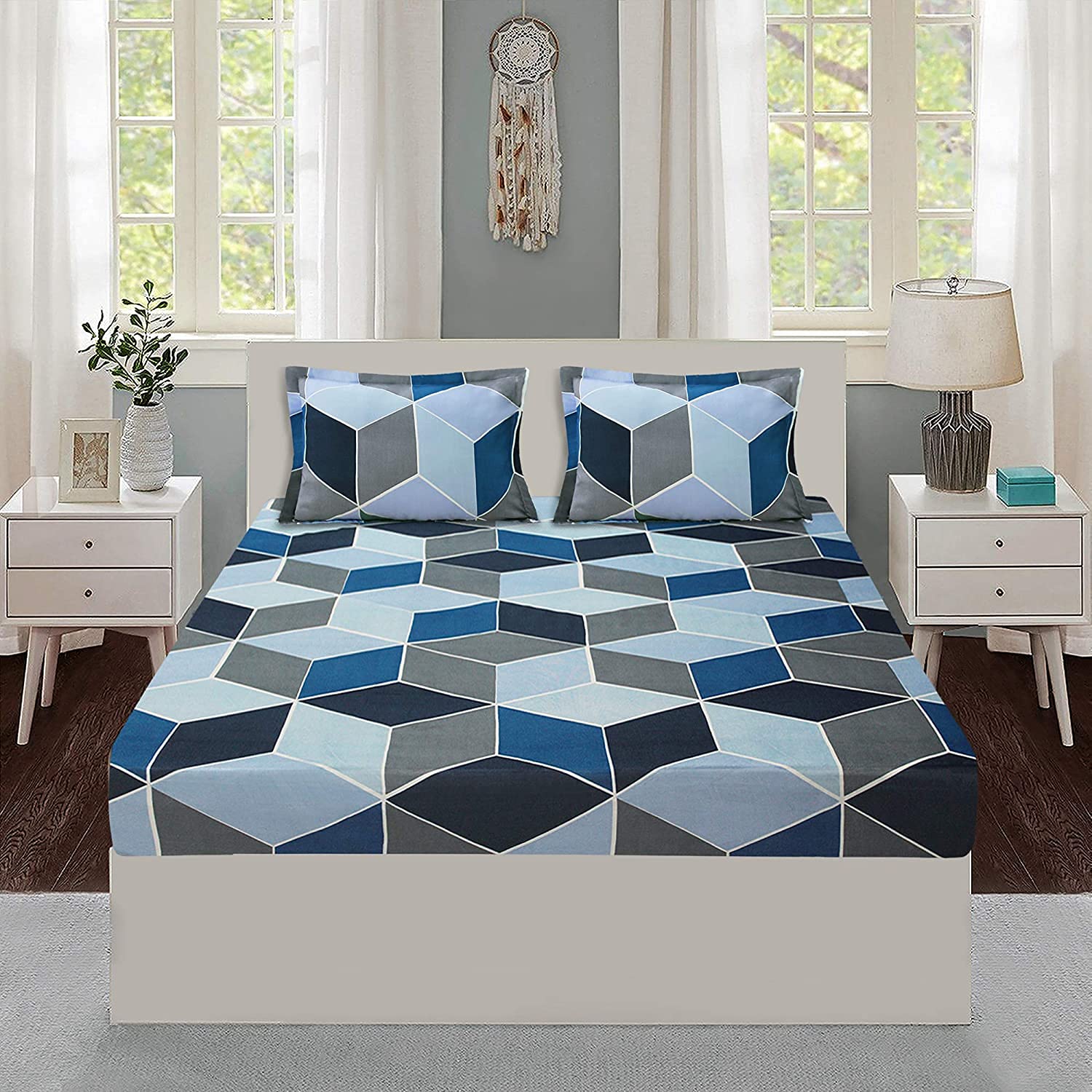 Printed King Size Double Bed Bedsheet With 2 Pillow Cover - 90 X 100 Inches, Blue | Ideal For House, Hotel, Guest House | Super Soft Cotton Material Bedsheet