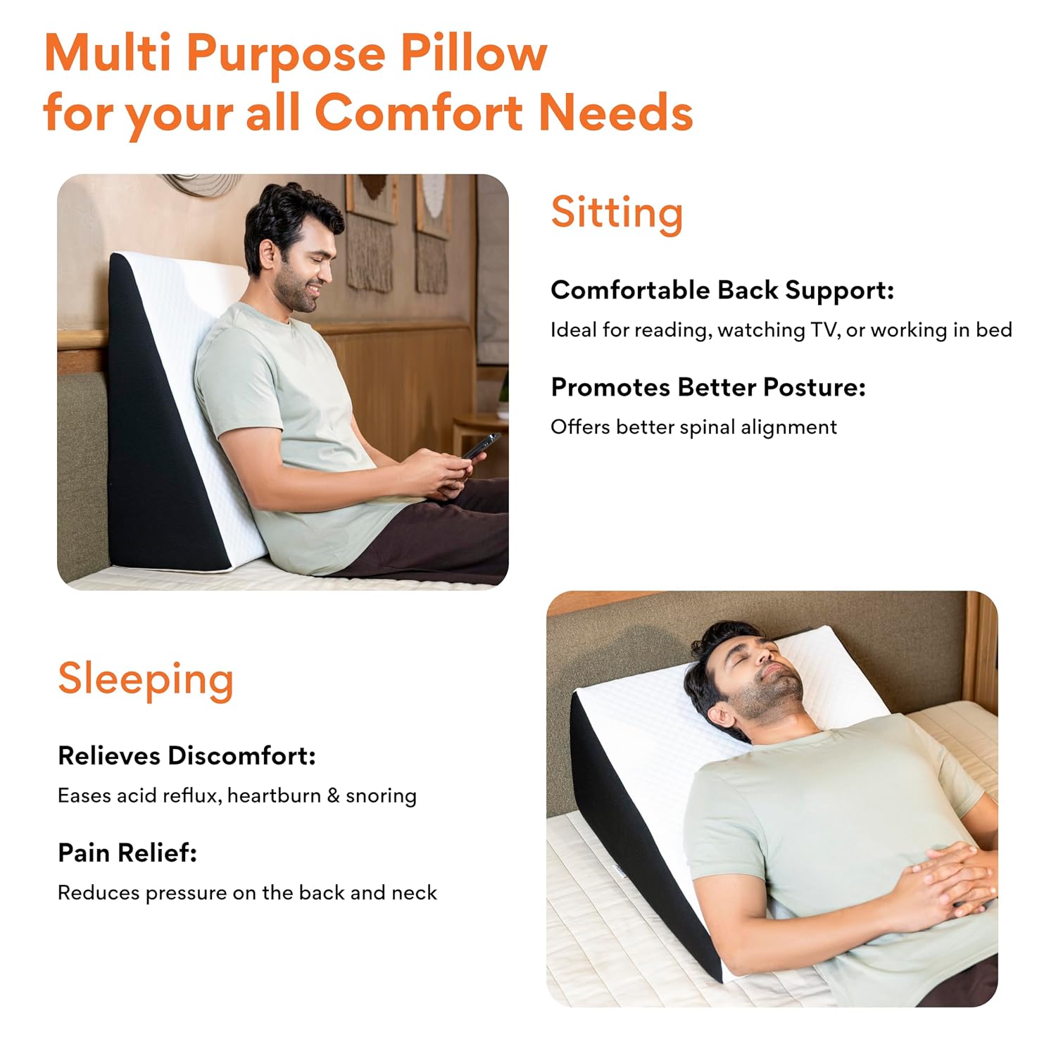 Wedge Pillow, Memory Foam Pillow, Back Support, White, Large Size - 7 Inch | Wedge Cushion For Acid Reflux, Gerd, Snoring, Post Surgery, Pregnancy & Relaxing In Bed, Removable Cover