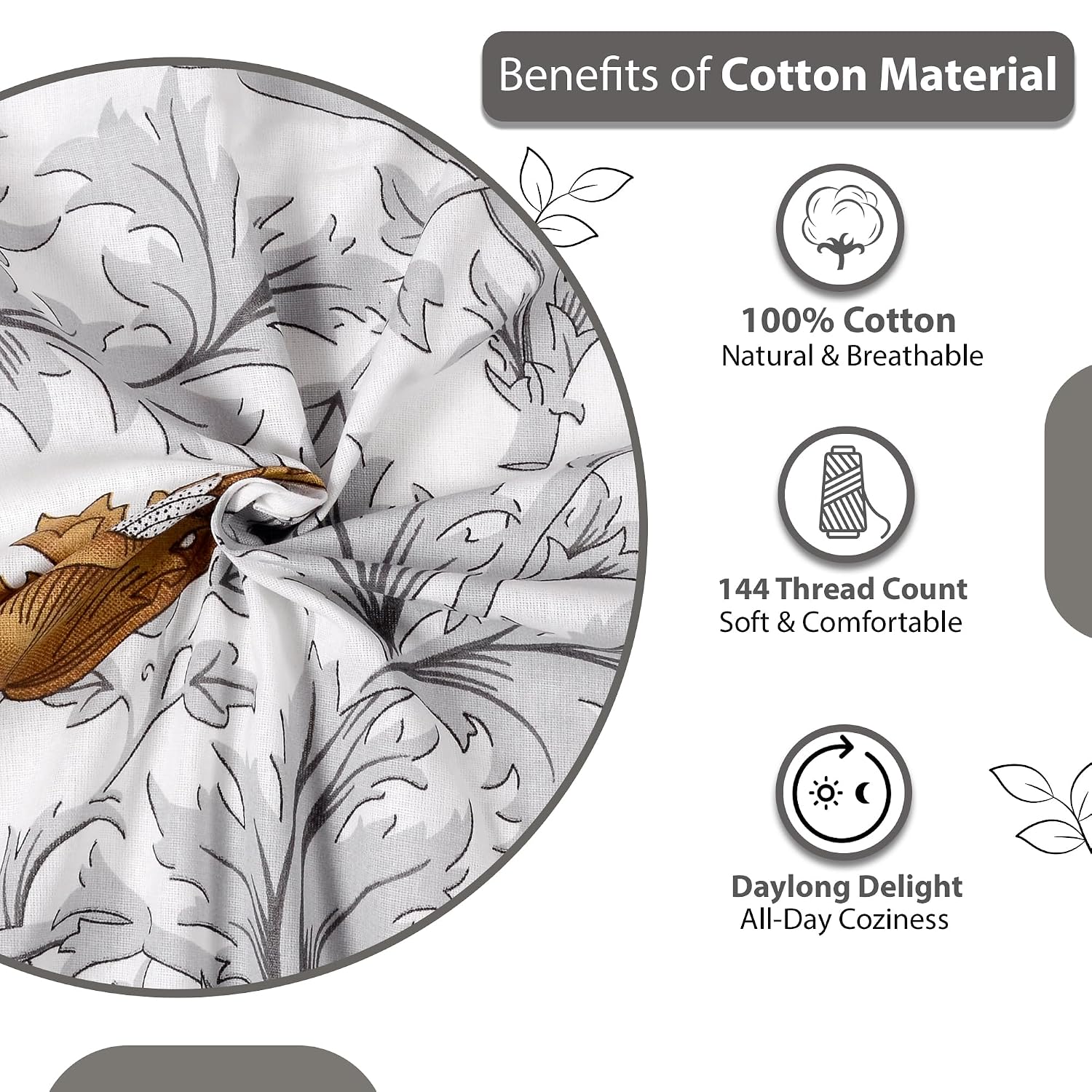 1 Single Bedsheet With 1 Pillow Cover - 57 X 87 Inches, Grey & Brown | 144 Thread Count Lightweight, Soft, Skin Friendly - Everyday Use Cotton Bedsheet