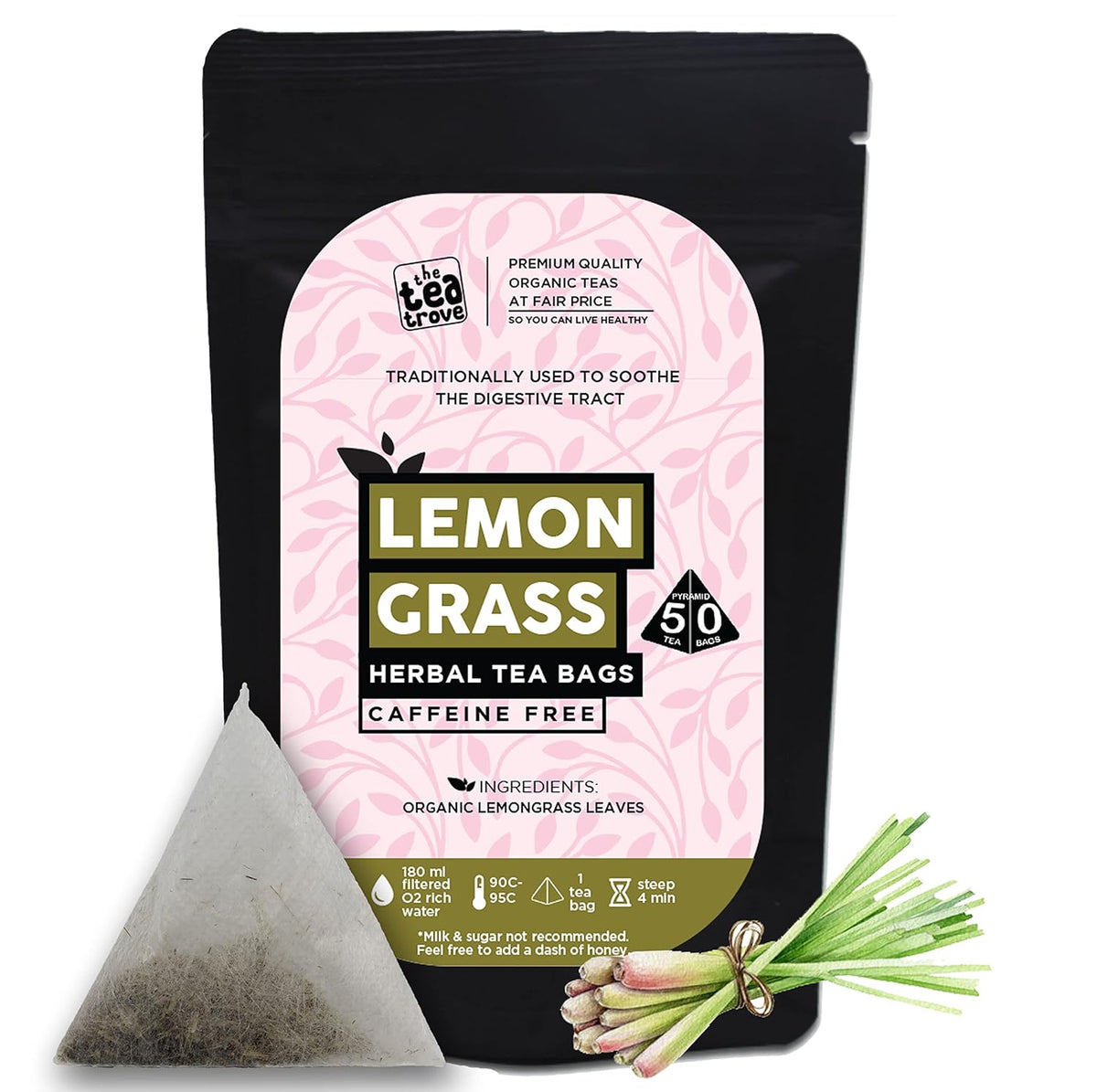 The Tea Trove Organic Lemon Grass Herbal Tea Bags In Resealable Pouch - 50 Pyramid Tea Bags | Environmentally Friendly Packaging - Eco Friendly, Medium Caffeine
