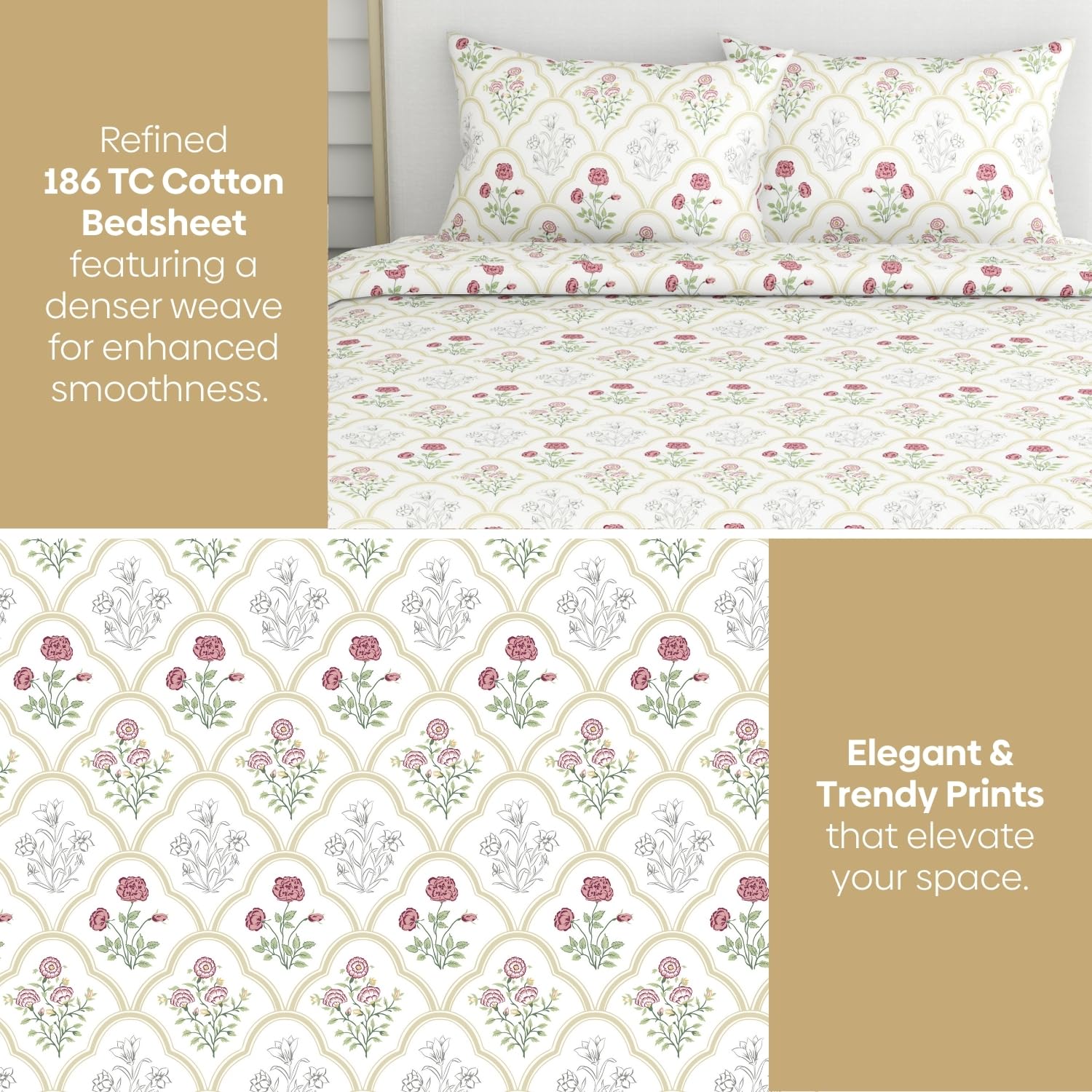 King Size Bedsheet With 2 Pillow Covers - 108 X 108 Inches, White & Green | Breathable Softness & Durability | Shrink?Resistant & Fade?Resistant