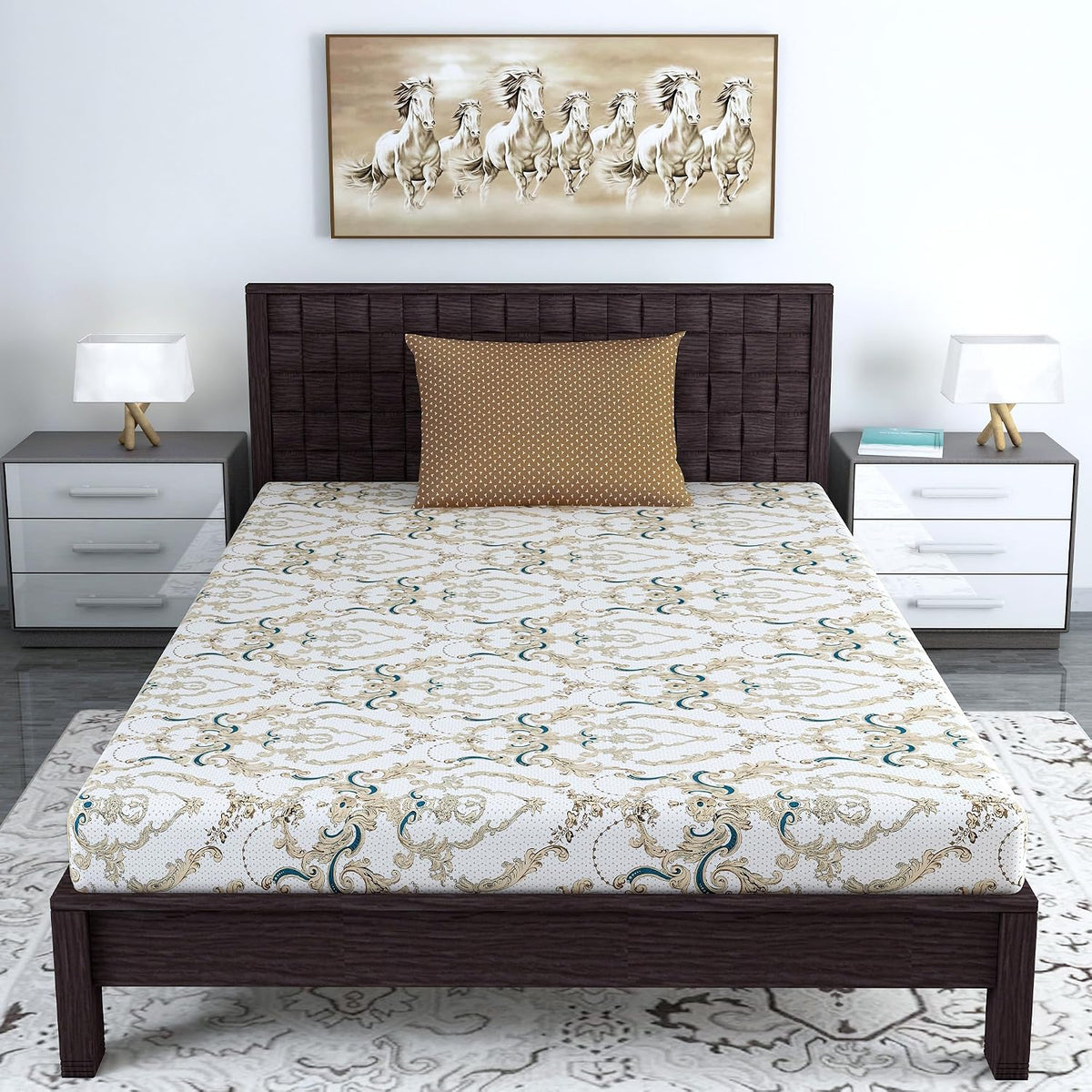 Single Bedsheet With 1 Pillow Cover - 57 X 87 Inches, White & Beige | Designer Printed Bedsheet Set - Naturally Soft, Breathable & Skin Friendly