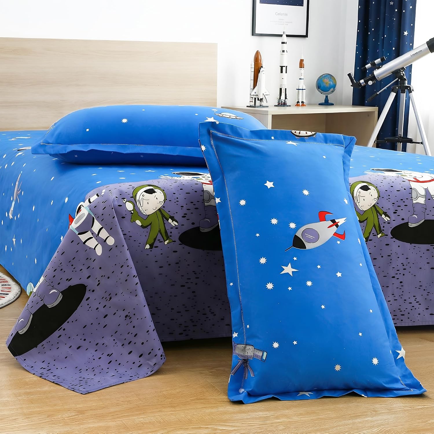 Kids Double Bed Bedsheet Set With 2 Pillow Covers - 88 X 100 Inches, Blue & Grey | Soft Bedding For Boys & Girls | Cosmic Adventure Design