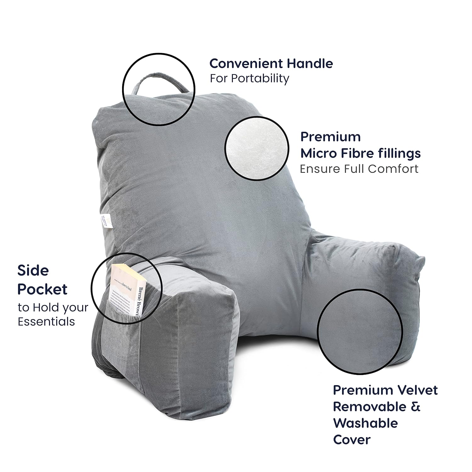 Backrest Pillow For Bed, Reading Pillow With Support Arms, Grey, King Size | Comfortable Back Support For Working, Watching TV In Bed, Premium Velvet Zipper Cover, Machine Washable