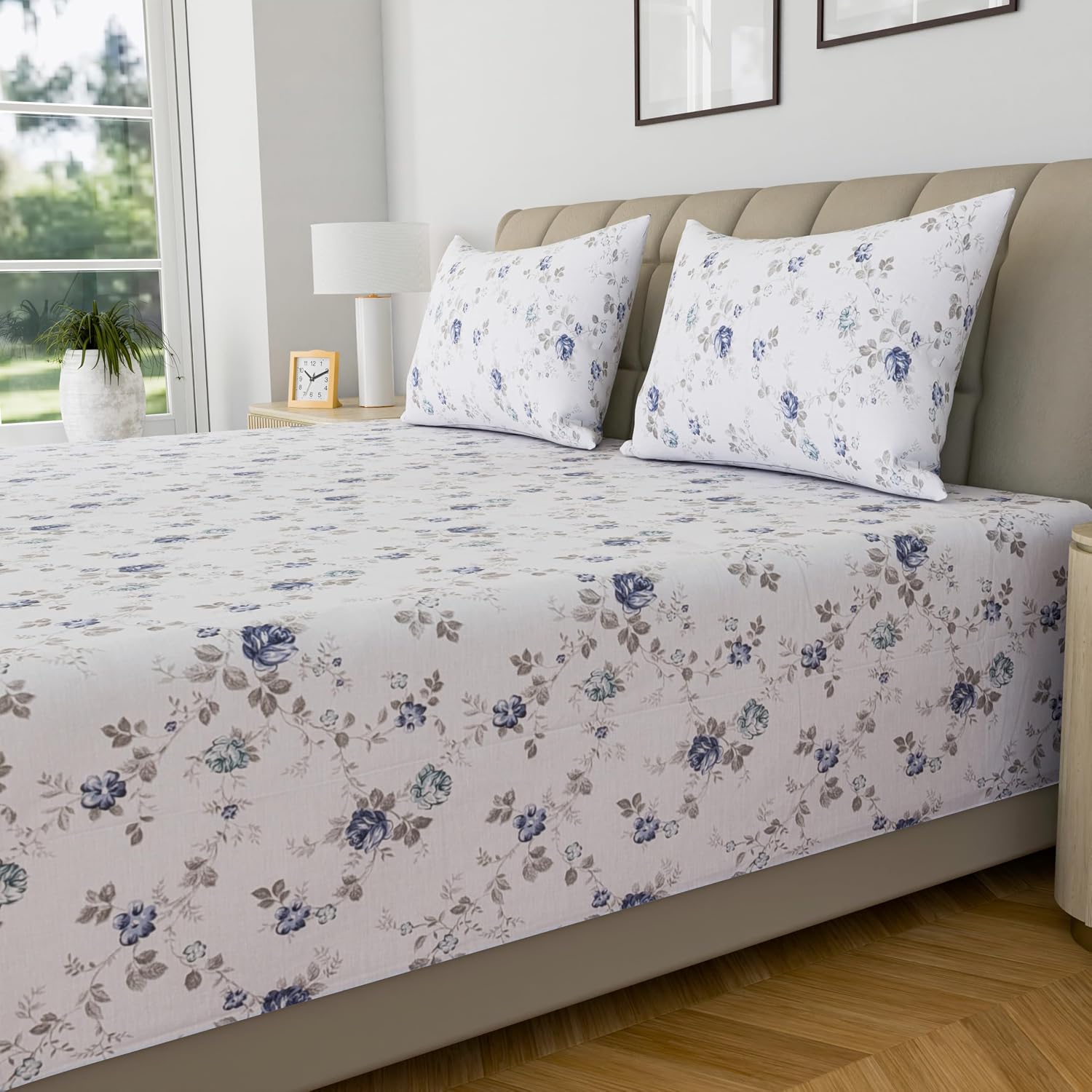 Printed Single Bedsheet With 1 Pillow Covers - 60 X 90 Inches, White & Grey | Soft, Breathable, Luxury Bedsheet | Hypoallergenic & Skin-Friendly