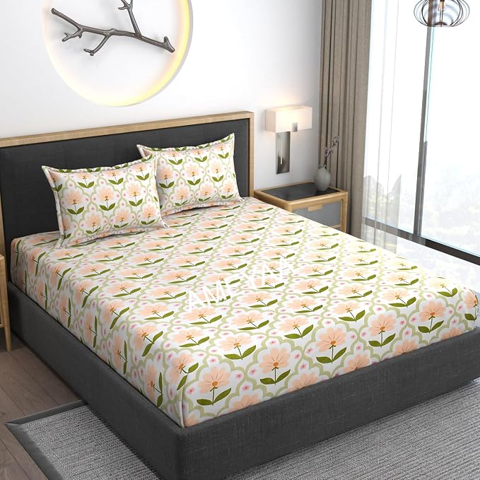 Premium Cotton Bedsheets Elastic Fitted With 1 Pillow Covers - Size - 48 X 78 Inches, Orange Leaves | Single Mattress Bed With All Around Elastic 350 TC Super Soft