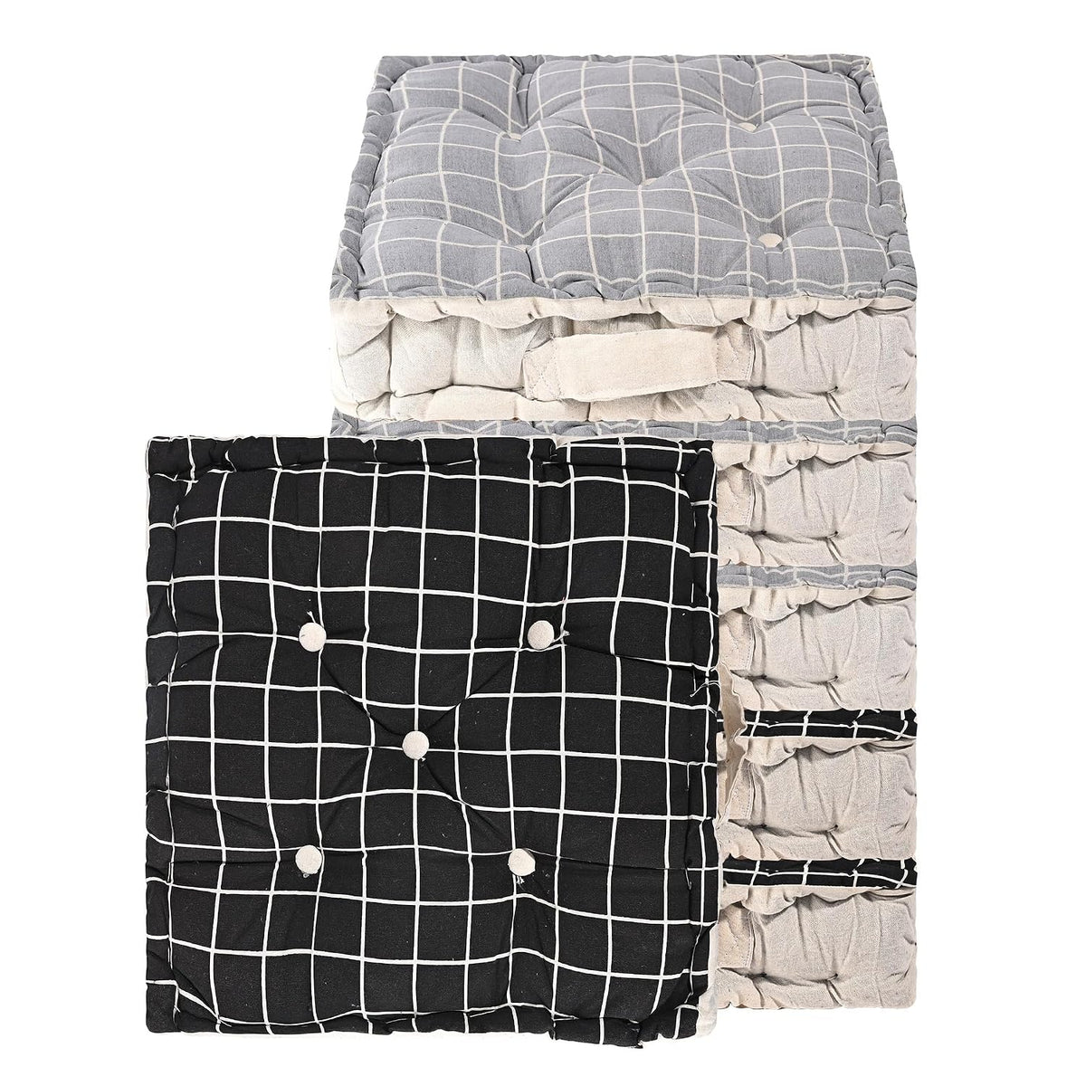 Soft Cotton Chair Cushions For Sitting, Button Pillow, Printed - Black & Light Grey | For Office Work & Posture Support | Sitting Cushion & Back Rest For Chair | Pain Relief - Pack Of 6