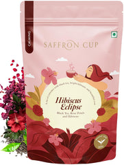 Saffron Cup Hibiscus Eclipse Herbal Tea - 100gm, 3.5 Ounce | Blended With Hibiscus, Black Tea, Fennel Seeds & Rose Petals - 100% Natural, Rich In Antioxidants | Low Caffeine, Airtight Zip Lock Pouch