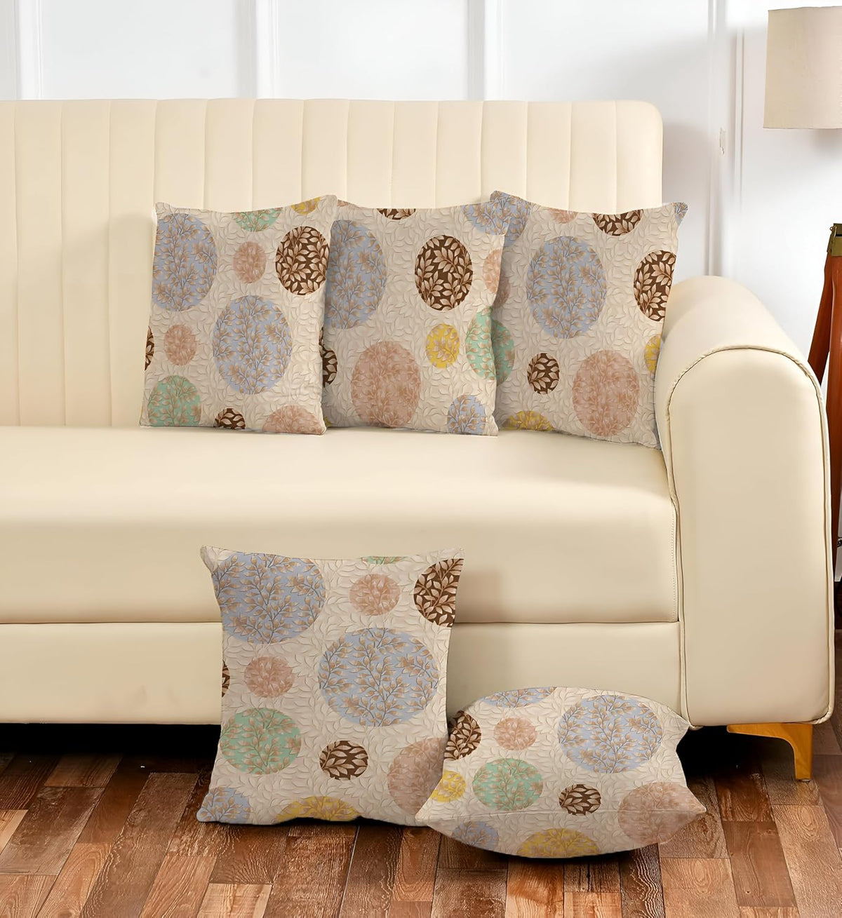 Microfiber Square Pillow Cushion For Sofa & Bed, Multi Circle - 12 X 12 Inch | Fluffy For Comfort & Back Support | Breathable, Premium Cotton Cushion Cover With Zip, Neck Support - Set Of 5