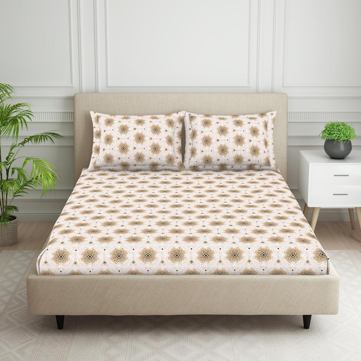 King Size Double Bedsheet 2 Matching Pillow Cover - 108 X 108 Inches, Light Brown | Durable & Long Lasting Wrinkle Resistant Fabric - All Season Comfort