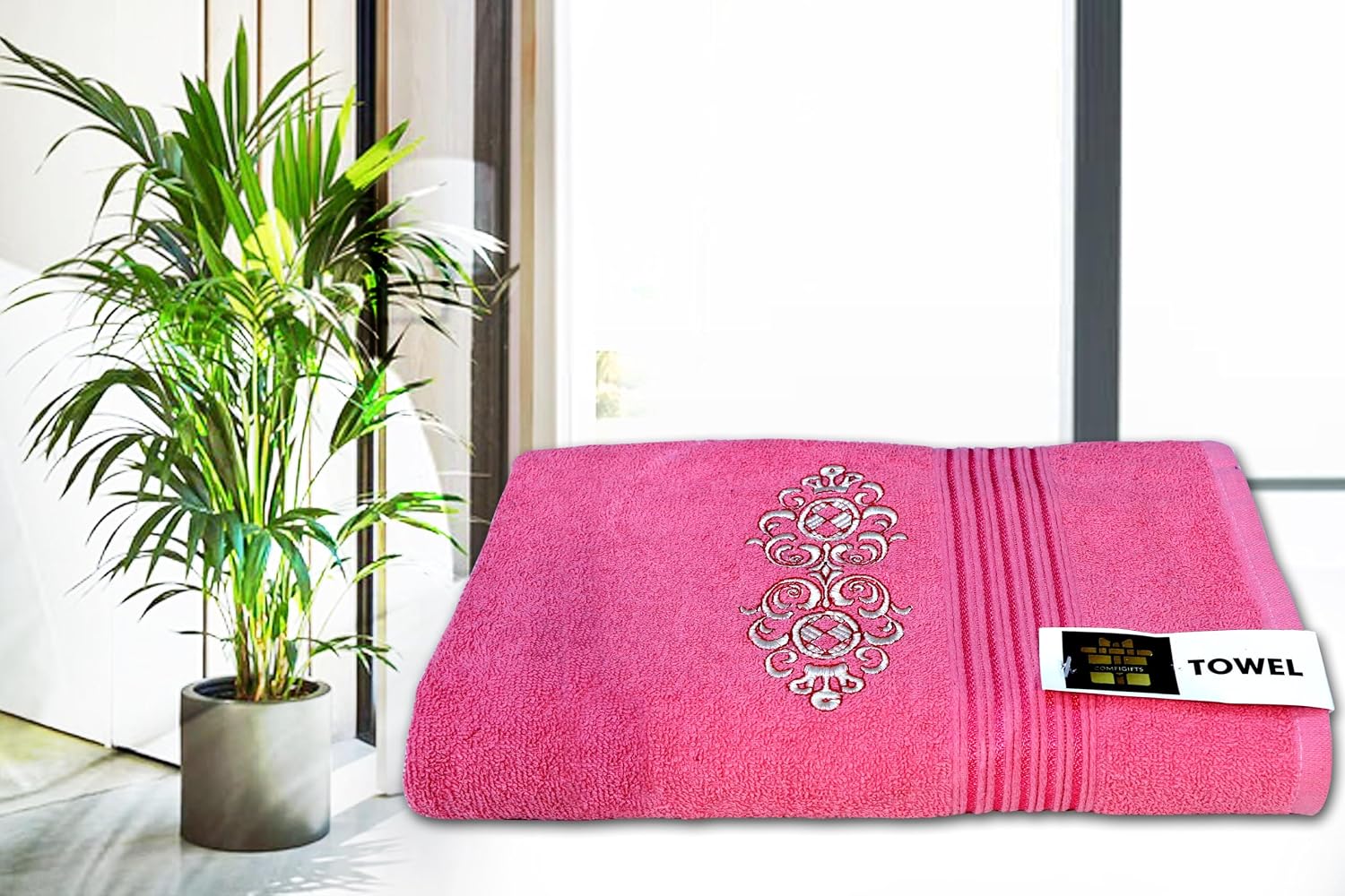 Comfigifts 100% Cotton 2 Bath & 2 Hand Towels 1400 Gsm | Soft, Absorbent, Lightweight Towels With Computerized Embroidery (Pink D2)