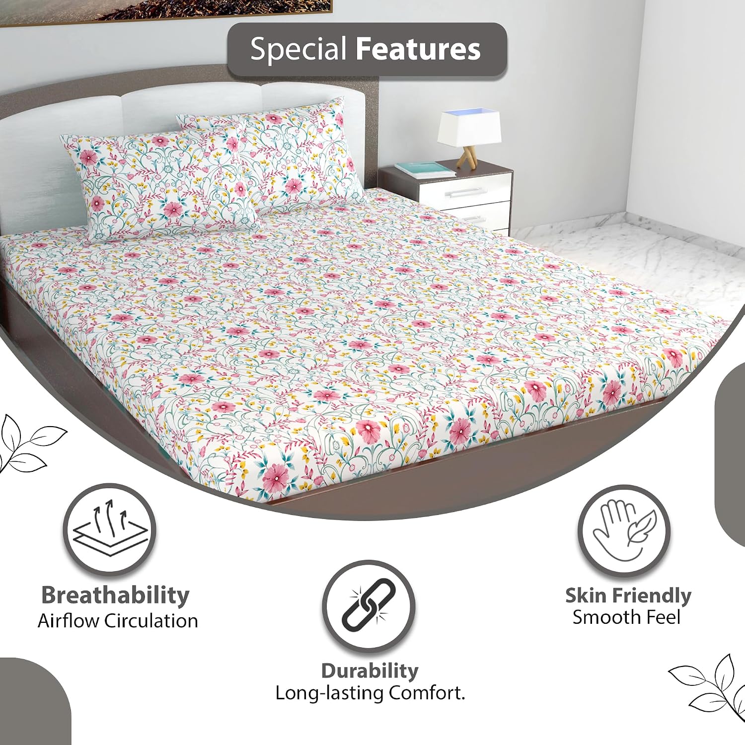 King Size Double Bedsheet With 2 Pillow Cover - 108 X 108 Inches, White & Pink | Skin Friendly Fabric For Everyday Comfort - Perfect Gifting For Wedding Anniversary