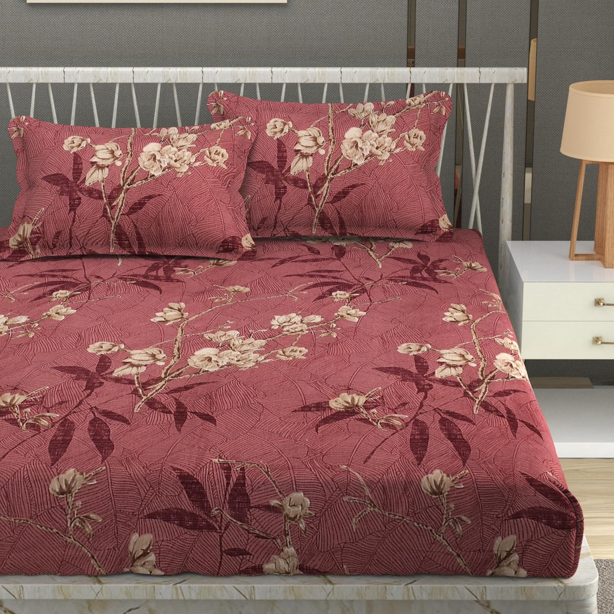 Premium Heavy Cotton Elastic Fitted King Size Bedsheet With 2 Pillow Covers - 72 X 78 X 10 Inches, Maroon | All Weather Comfort & Bedroom