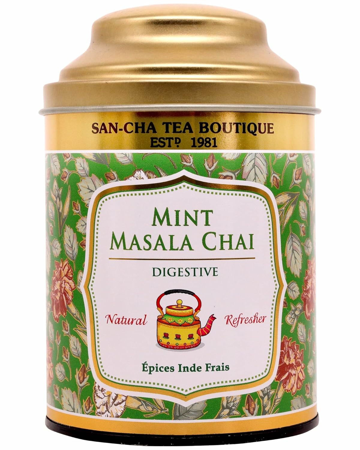 San-Cha Tea Boutique Mint Masala Chai - 100gm, 3.5 Ounce | Ginger & Cardamom Blended Pure Assam Tea - Real Mint Leaves | Spiced Masala Chai Patti - Medium Caffeine