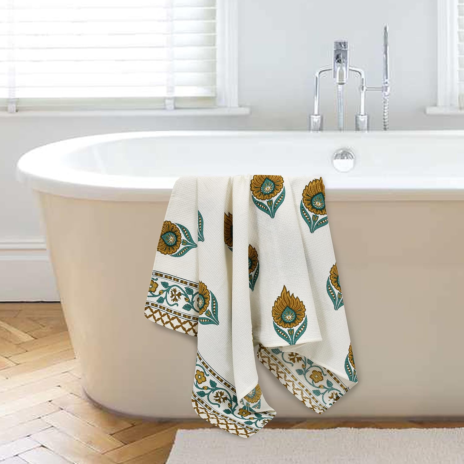 Easygoods Waffle Bath Towel Beautiful Pure Cotton Hand Block Printed Soft Water Absorbent Floral Printed Towels 250 Gsm (Mustard)