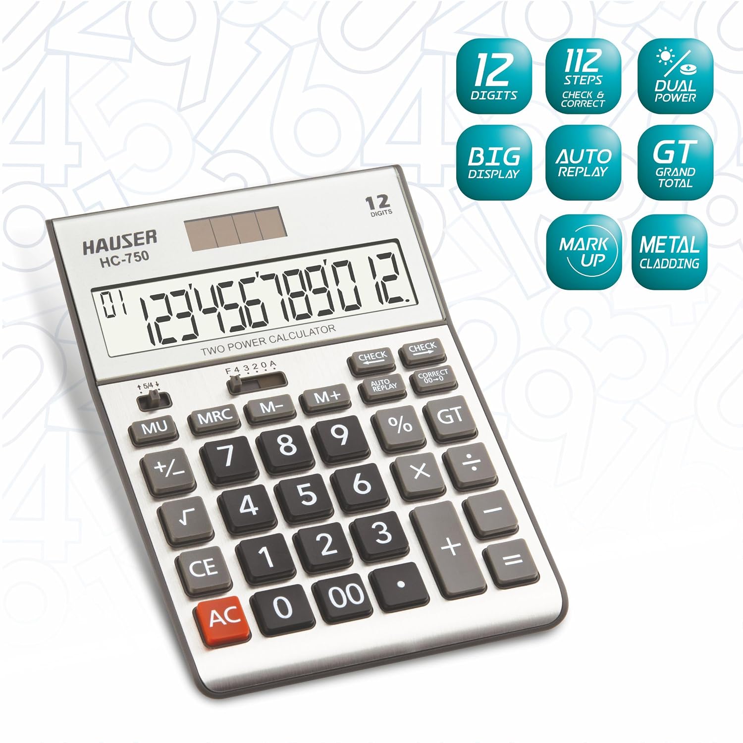 Hauser HC-750 Desktop Basic Calculator | Solar And Battery Dual Power | Acrylic Protection For Solar And LCD | Ideal For School, College, Home, Office And Shop Use |