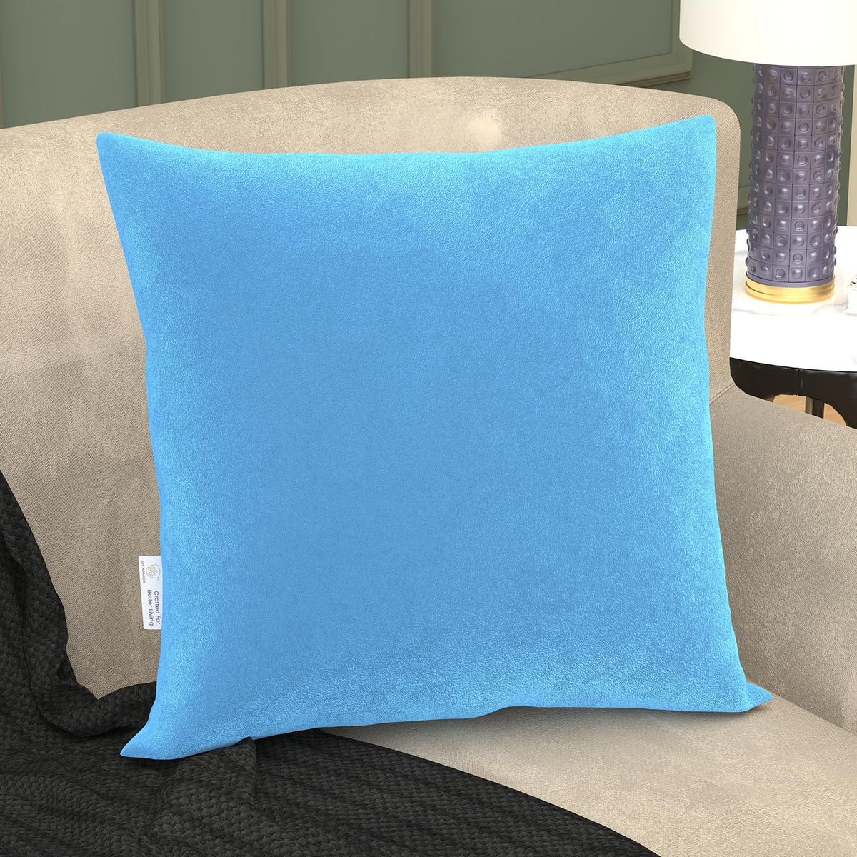 Microfiber Square Soft Pillow Cushion For Sofa & Bed, Sky Blue - 24 X 24 Inch | Fluffy Pillow For Comfort & Back Support | Washable, Premium Velvet Outer Cover With Zip - Pack Of 1