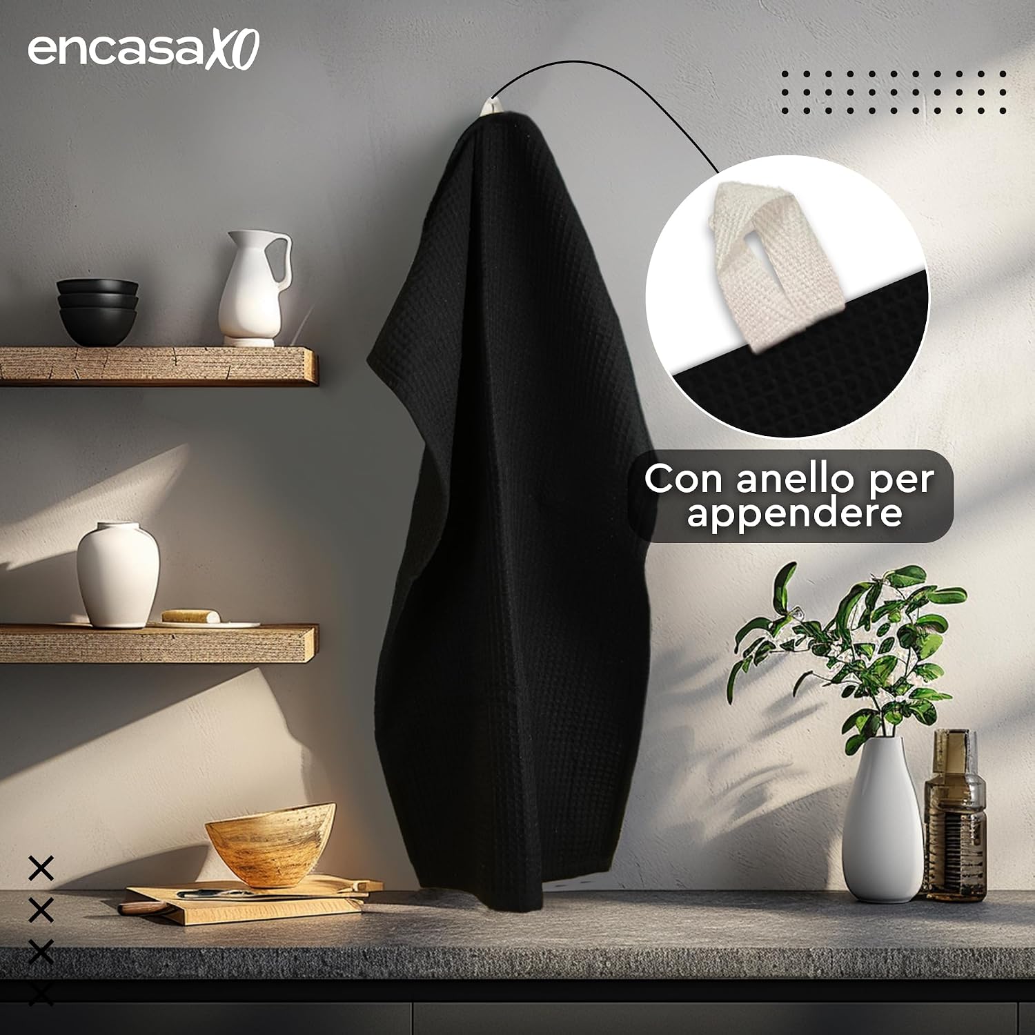 Encasa Xo Kitchen Dish Towels Set 420 Gsm | Waffle Weave & Flat Hand Tea Towel | Quick Drying Reusable Cotton Washcloths | Set Of 6 (Grey )
