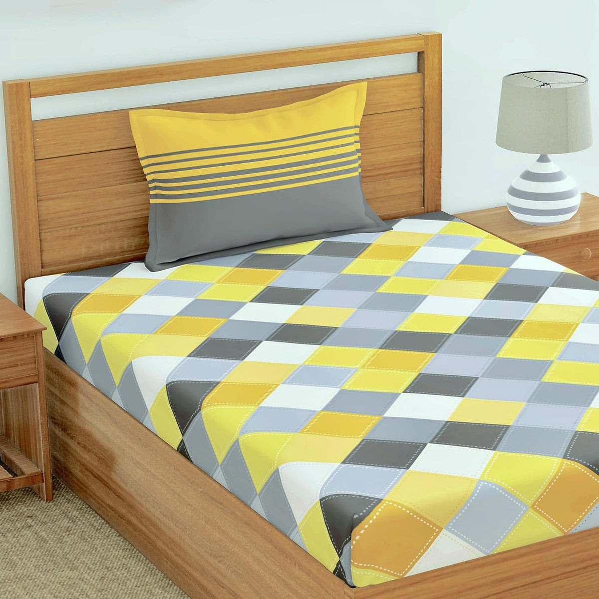 Cotton Bedsheet For Single Bed With 1 Pillow Cover - 54 X 84 Inches, Yellow & Grey | Soft Touch Cotton Fabric-Comfortable & Durable | Elegant Printed Bedding Set For Daily Use