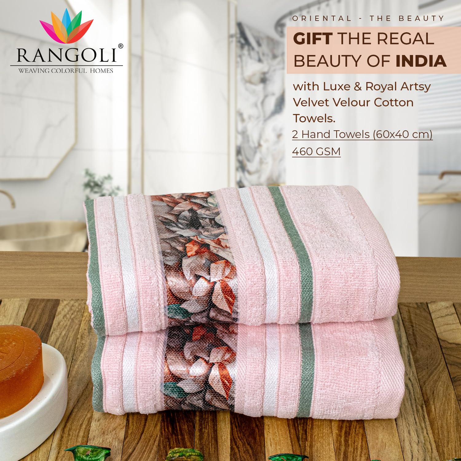 Rangoli 100% Cotton Hand Towel 450 Gsm | Hanging Towel Soft, Luxury & Highly Absorbent Towels Fade Resistant & Multipurpose Hand Towels (Peach) - Pack Of 2