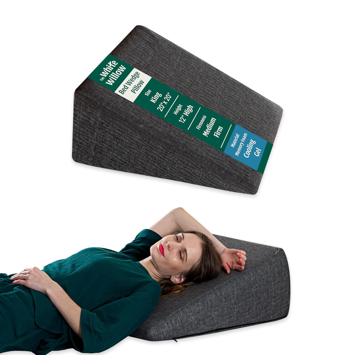 Bed Wedge Pillow Cushion, For Back Support & Sleeping, Dark Grey, King Size - 20 L X 20 W X 12 H Inch | Acid Reflux, Gerd, Leg Elevation Cooling Gel Memory Foam Pillow, Removable Cover