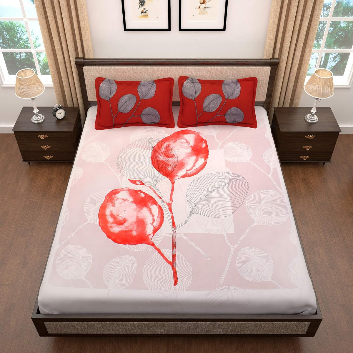 King Size Bedsheet With 2 Pillow Covers - 106 X 106 Inches, White & Red | Summer Breathable & Wrinkle Free | Bedsheet Long Lasting & Soft To Touch