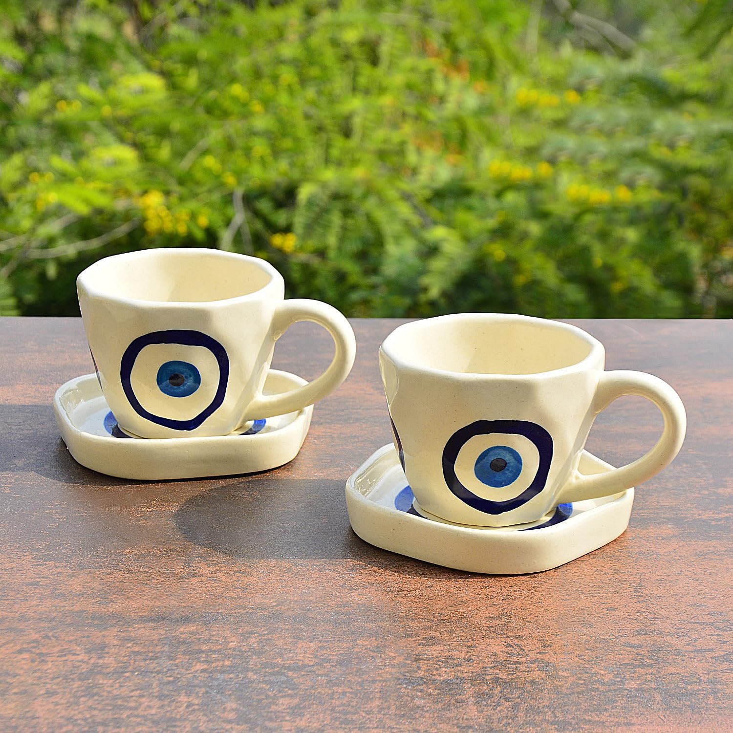 Hand Painted Ceramic Cup & Saucer Set Of 2 - Multicolor, 250ml Each | Microwave Safe Tea Cups & Mugs - Chai Cups & Plates