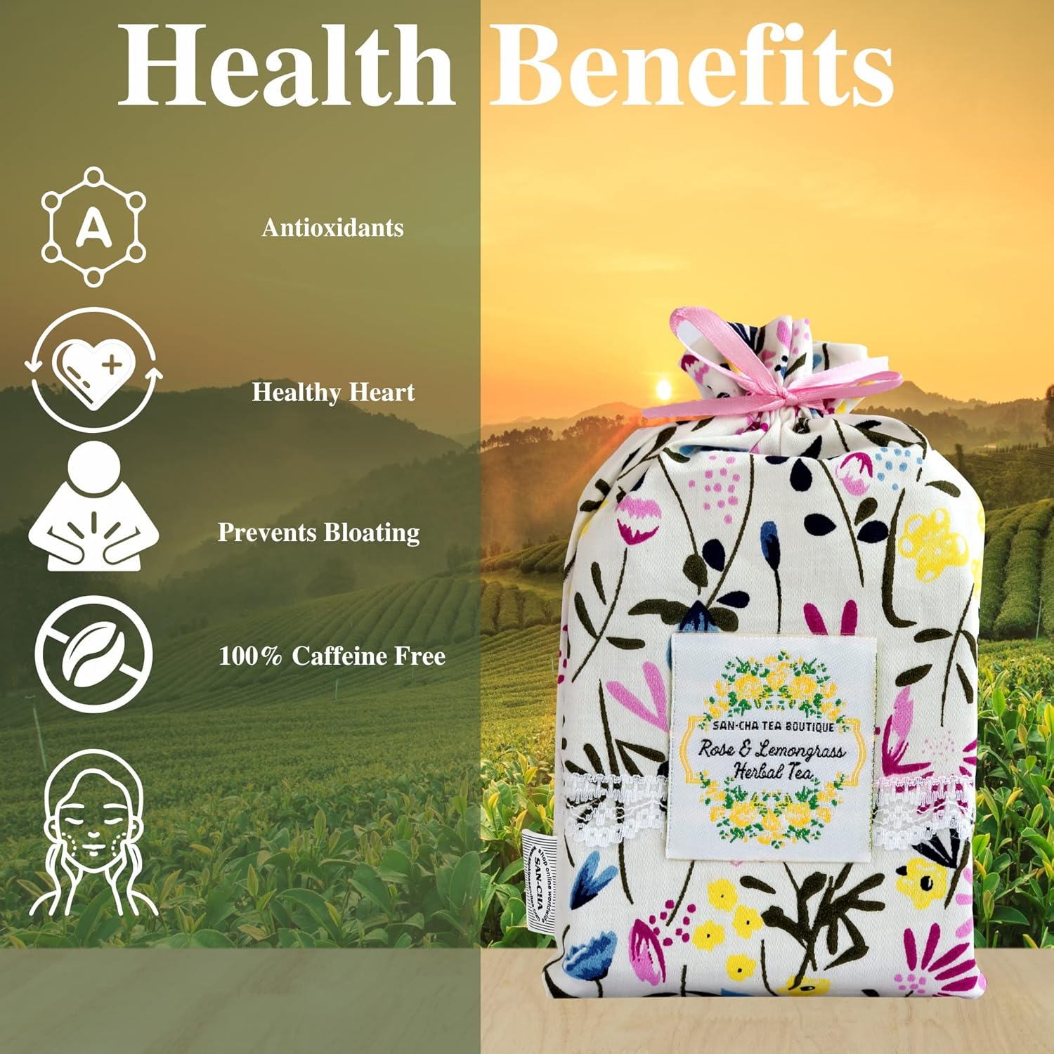 San-Cha Rose & Lemongrass Herbal Tea - 15 Pyramid Tea Bags | Promotes Skin Glow & Prevents Skin Ageing - Floral & Citrus Aroma | Caffeine Free Herbal Tea