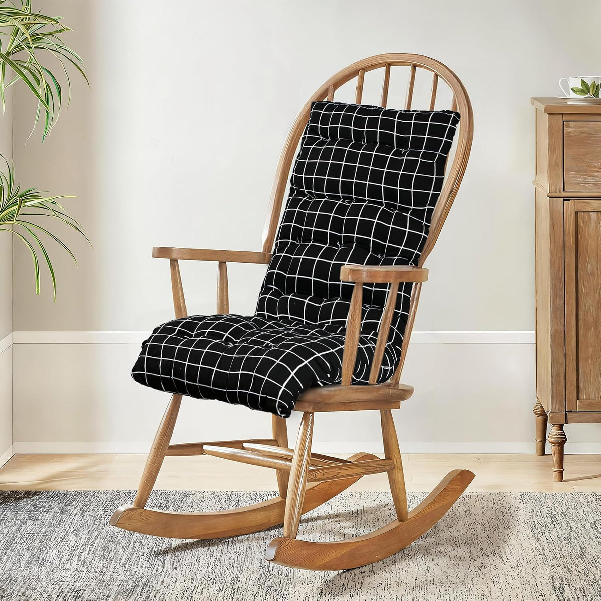 Extra Long Chair Cushion For Comfortable Sitting, Check Printed - Black - 18 X 48 Inch | Rocking Chairs For Indoor & Outdoor | Cushion For Home, Office | Back Rest Support Cushion With Ties
