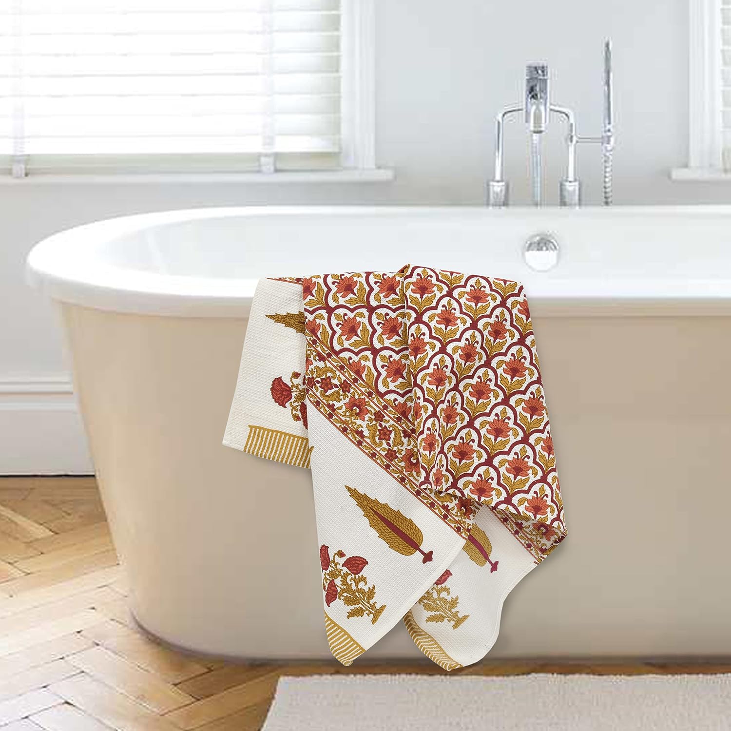 Mafatlal Madhuban Premium Waffle Cotton 1 Bath & 4 Hand Towel 900 Gsm | Hand Block Printed Floral Design Towel (Bronze Mist) - 5 Pcs