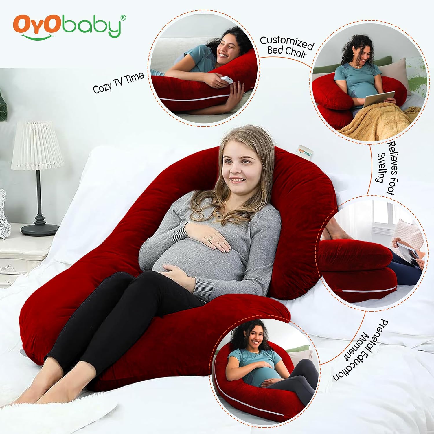 C-Shaped Pregnancy Pillow For Sleeping, Maternity Pillow For Pregnant Women, Maroon | Washable, Premium Velvet Cover, Full Body Support, Multipurpose Pillow | Belly & Back Supports