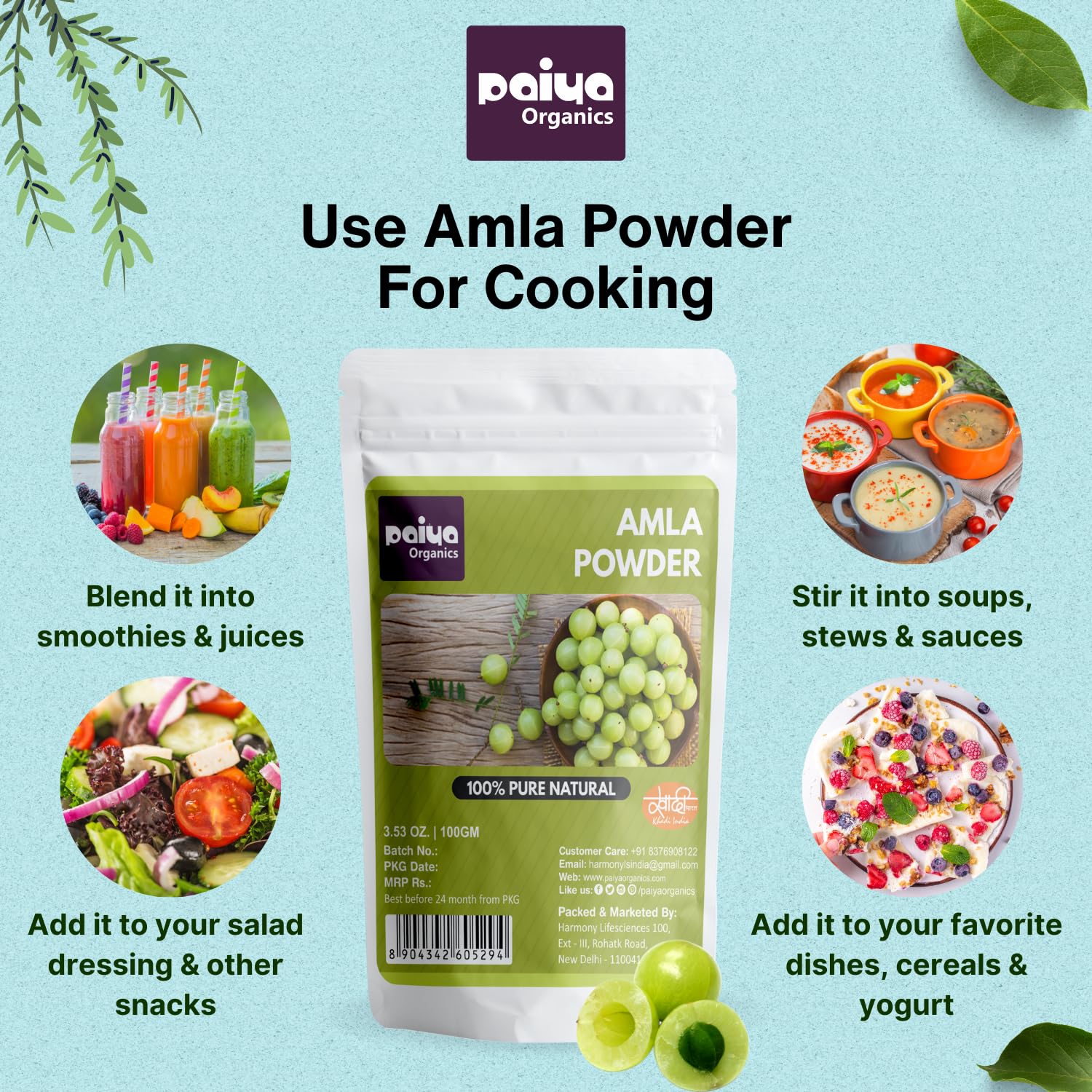 Paiya Organics 100% Pure Natural Amla Powder, Indian Gooseberry, Great For Hair Conditioning & Hair Coloring Mixture, Natural Vitamin C & Antioxidants | 100gm 0.2lbs