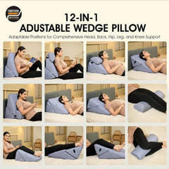 Wedge Pillow For Back Support, Adjustable Wedge Pillow With Headrest, Grey Jacquard - 22 X 22 X 12 Inch | Memory Foam Bed Wedge Pillow For Sleeping | Acid Reflux, Gerd, Snoring, Resting