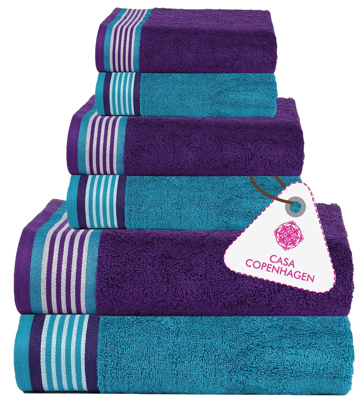 Casa Copenhagen Germany Design 2 Bath + 2 Hand & 2 Washcloths Towels 1800 Gsm | He & She Super Soft Collection 100% Cotton 6 Piece Towel Set - Violet Indigo & Teal Green