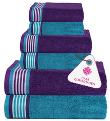 Casa Copenhagen Germany Design 2 Bath + 2 Hand & 2 Washcloths Towels 1800 Gsm | He & She Super Soft Collection 100% Cotton 6 Piece Towel Set - Violet Indigo & Teal Green