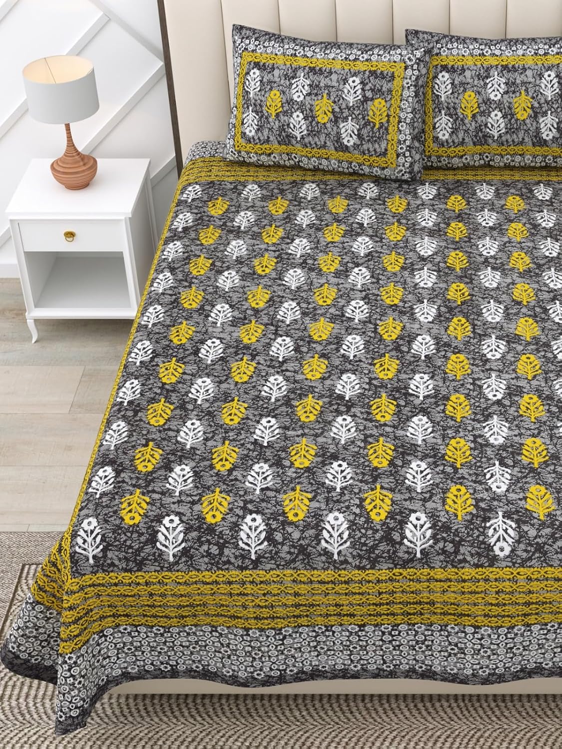 Pure 100% Cotton Double Bed Sheet With 2 Pillow Covers - 90 X 100 Inches, Grey & Green | Beautifully Handcrafted Traditional Bedsheets - Skin Friendly Fabric