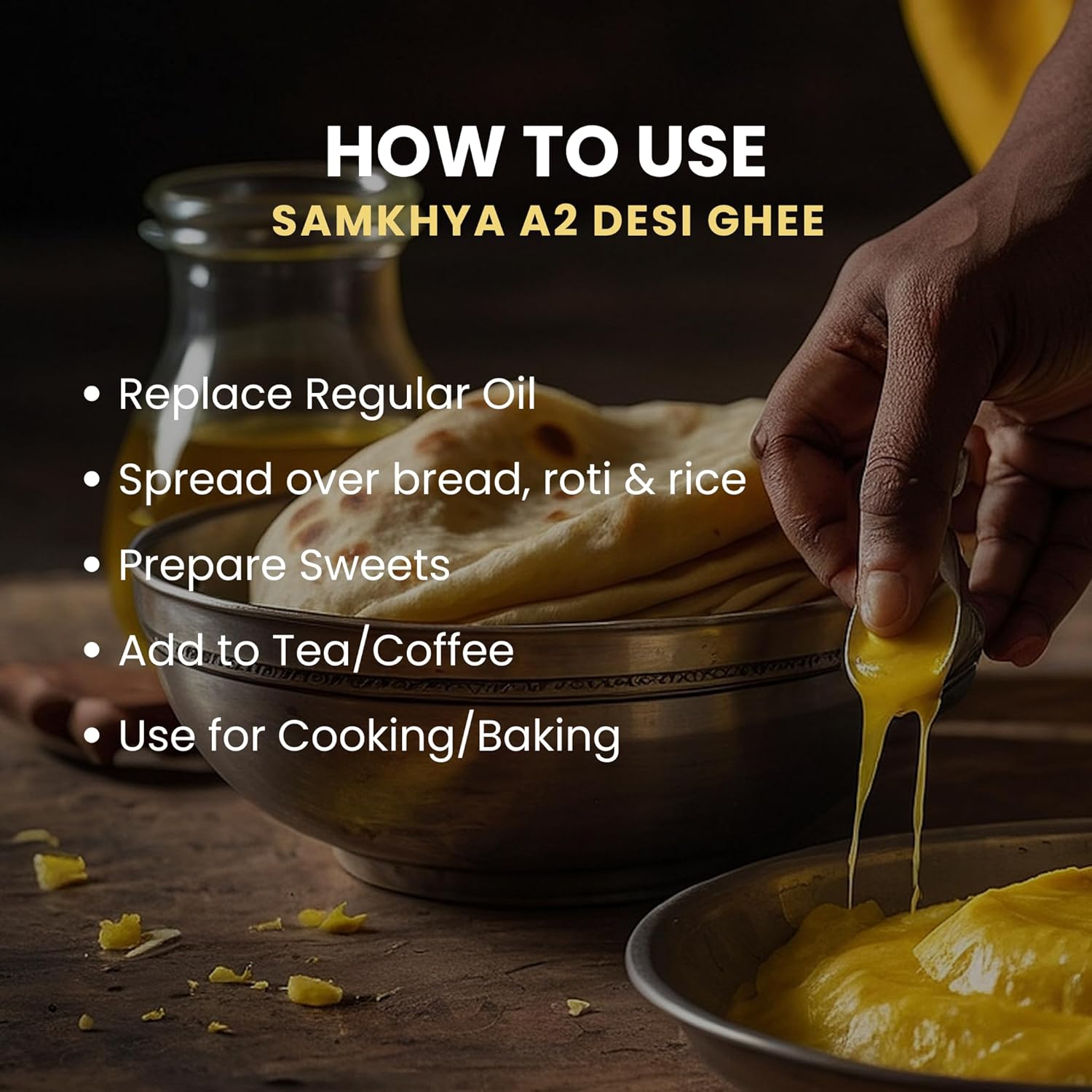 Premium Organic A2 Desi Ghee By Samkhya | Good Source Of Vitamins & Minerals Healthy Desi Cow Ghee For Sweets | (1 Litr) 33.8 Ounce | Jar Pack