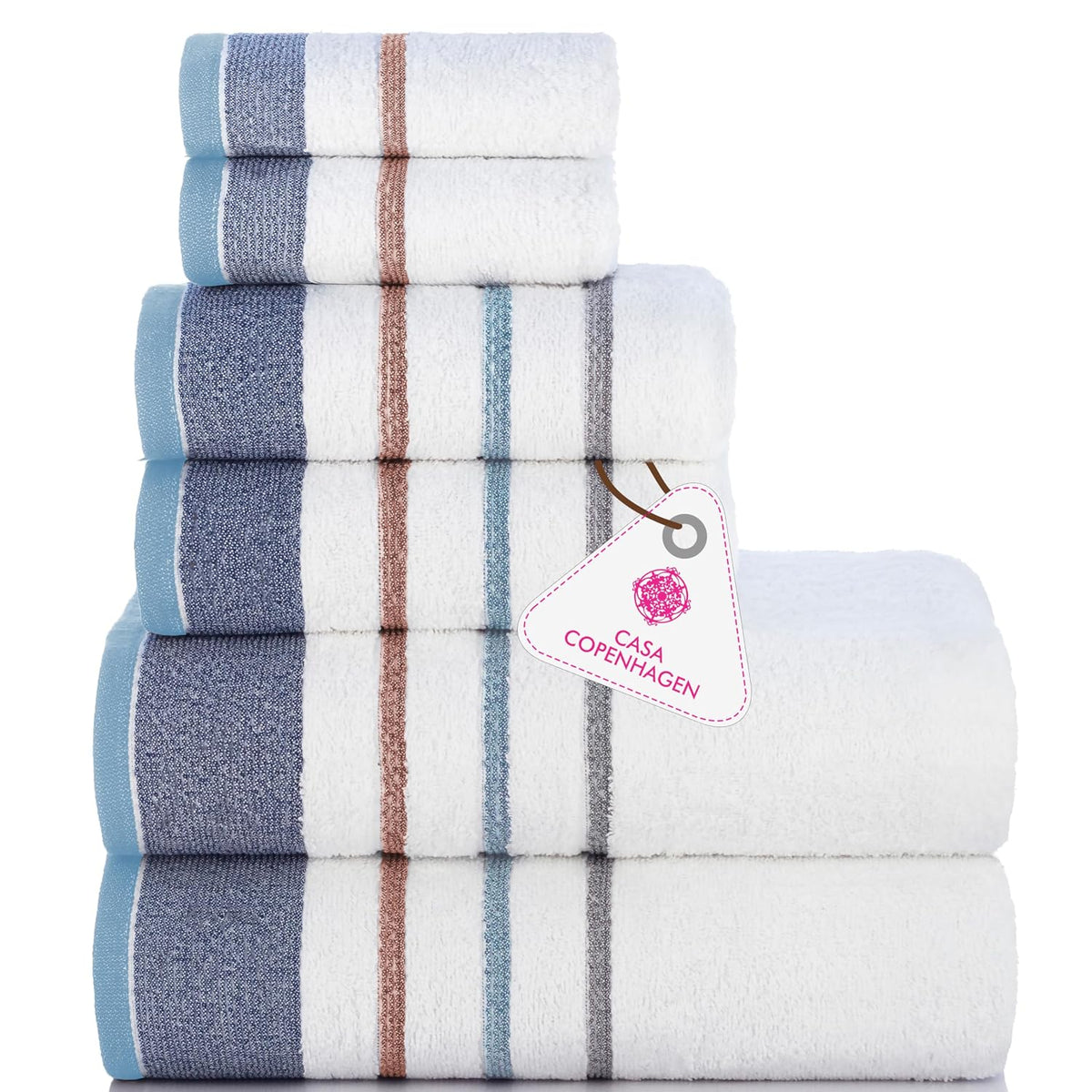 Casa Copenhagen Egyptian Design 2 Bath + 2 Hand & 2 Face Towels 1800 Gsm | He & She Super Soft Collection 100% Cotton 6 Piece Towel Set - Grey & Denim
