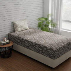 144 TC Single Bedsheet Elastic Fitted Pure Cotton With 1 Pillow Cover - 36 X 78 Inches, Taupe & White | Breathable & Wrinkle Free Bedsheet