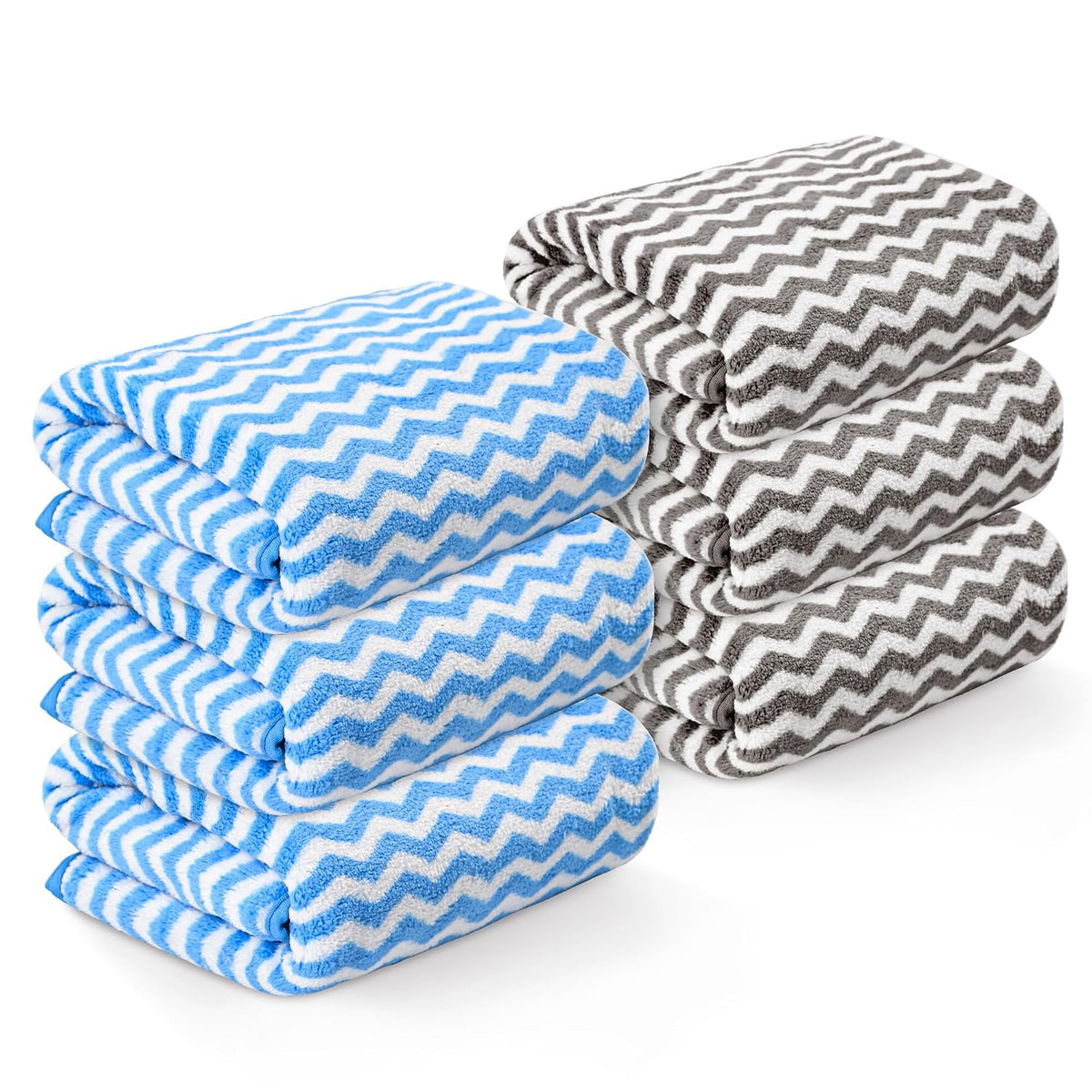 Kuber Industries Microfiber Soft Face Towel 1200 Gsm | Absorbent Hanging Hand Towels For Wash Basin Bathroom | Zig Zag - Grey & Blue (6 Pcs)
