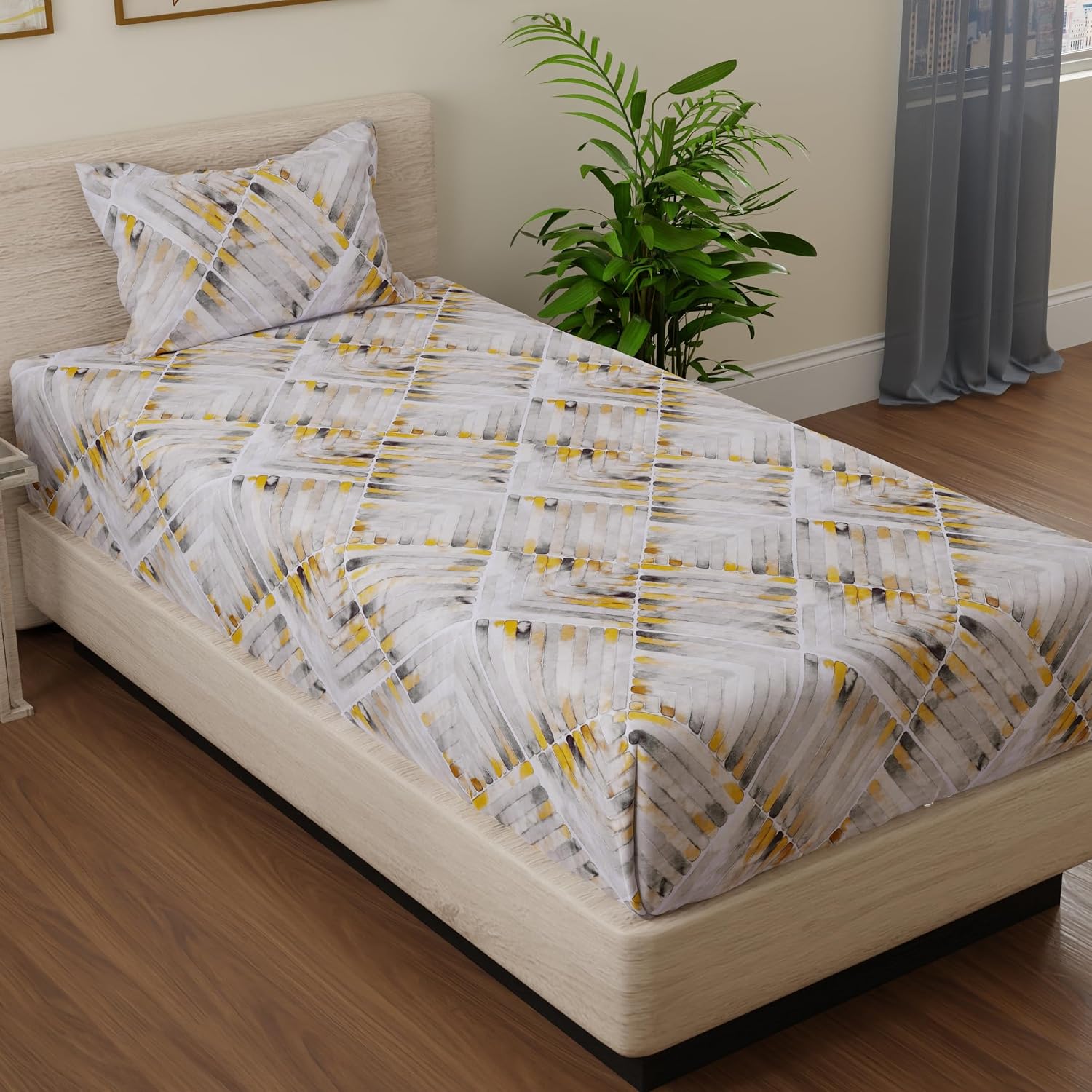 Single Bedsheet With 1 Pillow Cover - 55 X 88 Inches, Grey & Yellow | Lightweight, Soft & Breathable - Perfect For Gifting On Weddings Bedsheet