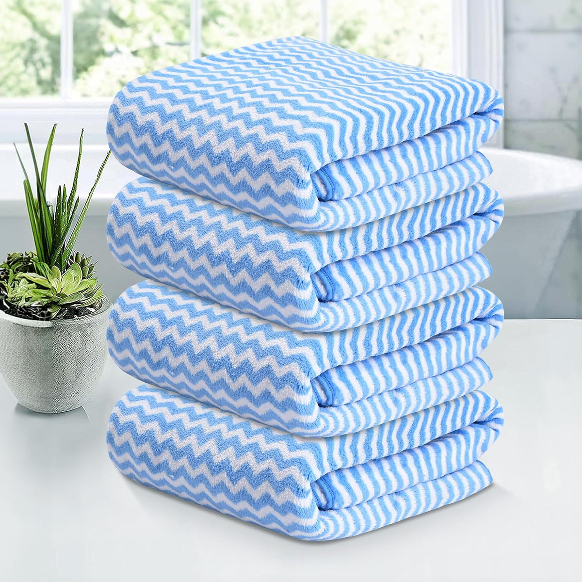 Kuber Industries Microfiber Bath Towel 1400 Gsm | Large Size Soft Quick Dry & Absorbent Shower Bath Towel (Zig Zag - Blue)- Pack Of 4