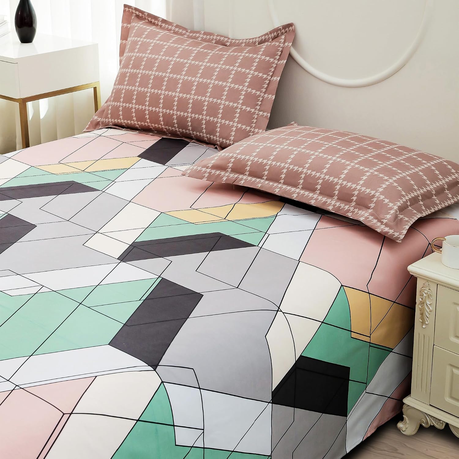 Bedsheets For Double Bed With 2 Pillow Cover - 92 X 98 Inches, Green & Peach | Satin Finish Microfiber Queen Size Bedsheet | Skin Friendly & Breathable Fabric