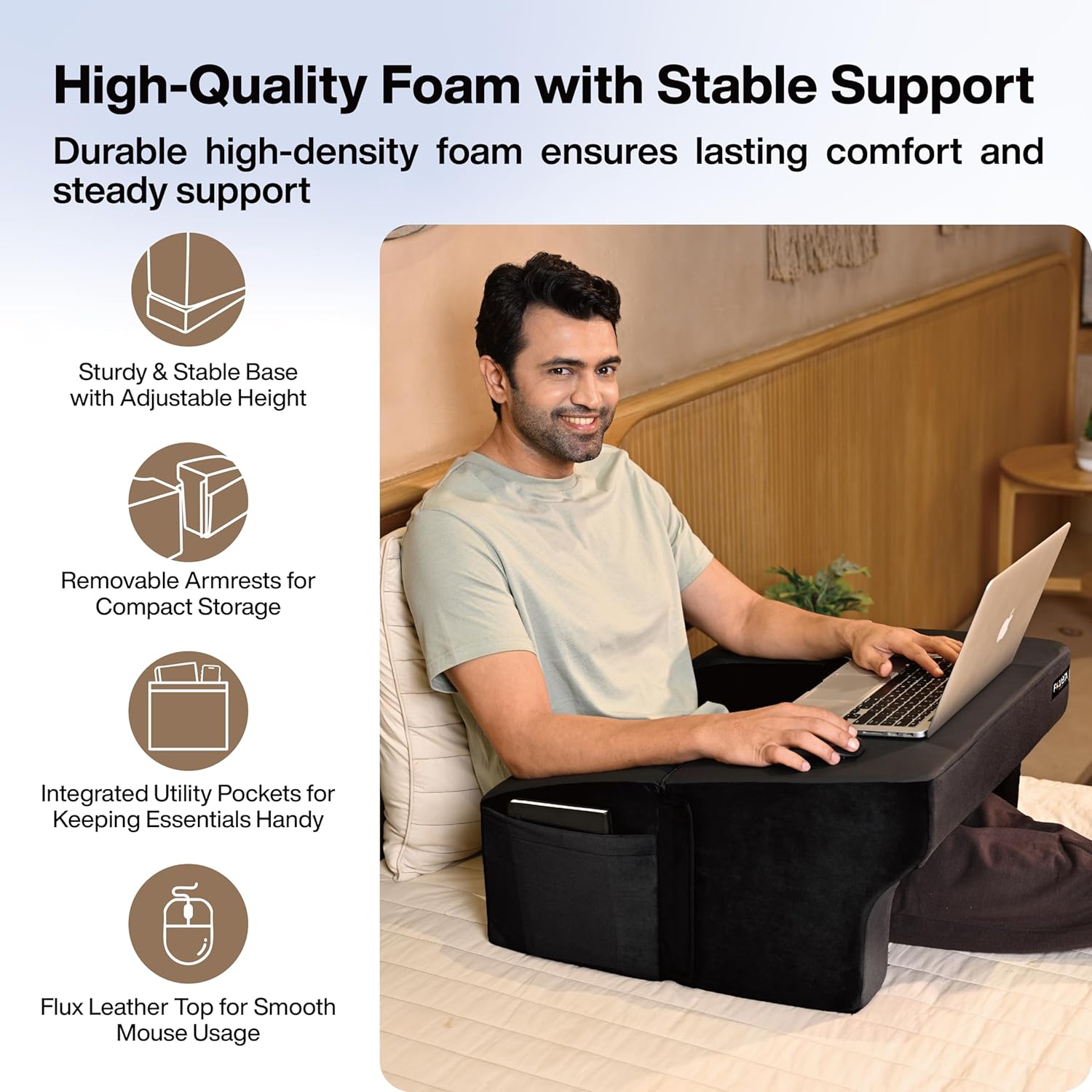 Lap Desk Pillow, Height Adjustable, Soft & Comfortable Armrest, Easy To Store, Black | For Working On Laptop, Reading & Gaming | Work From Home Pillow | Perfect For Using On Bed, Sofa & Floor